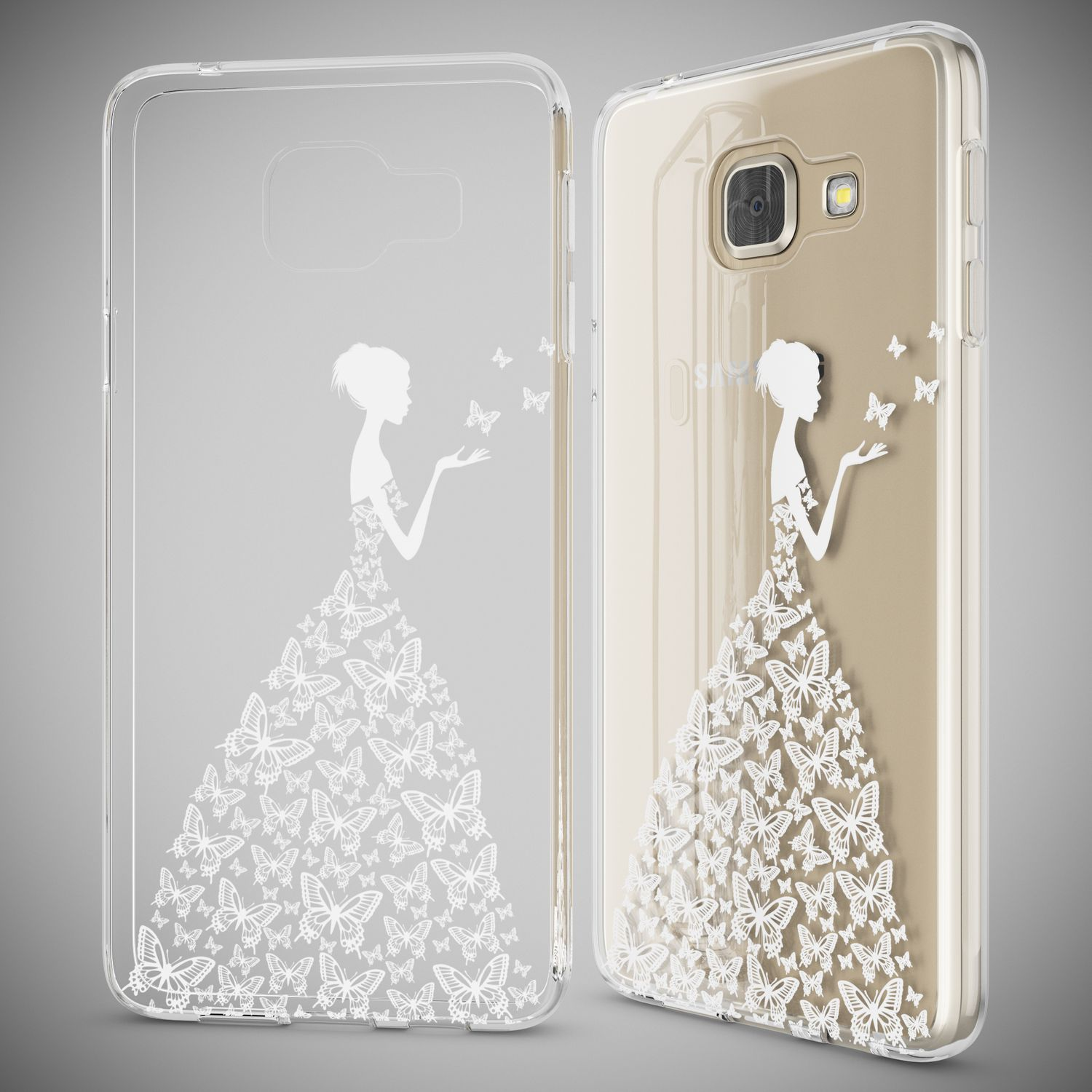 Zwei Handyhüllen. Eine klare Hülle mit einem Design einer Frau mit Schmetterlingskleid. Ein Telefon ist in der anderen Hülle.