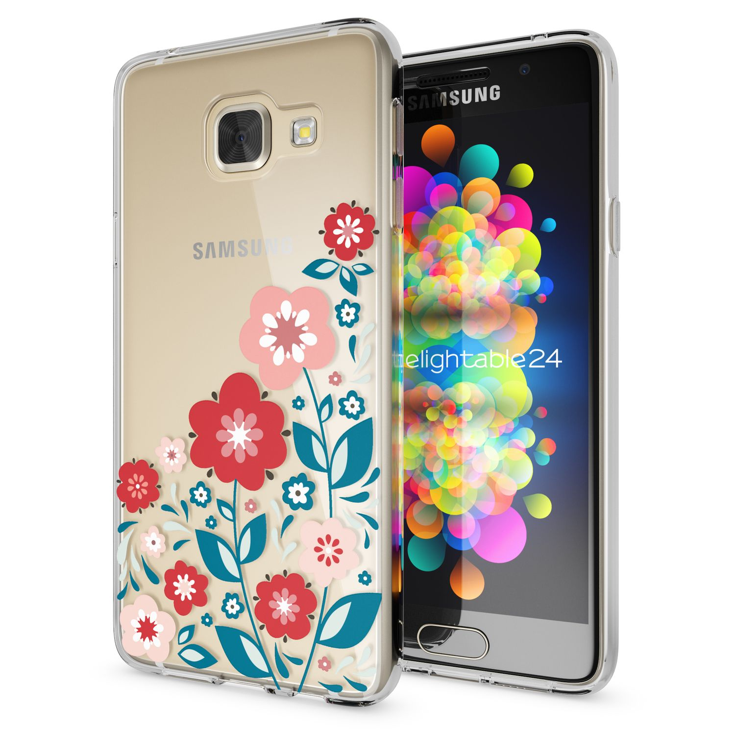 Ein Telefon in einer transparenten Hülle mit floralem Design. Das Telefon zeigt einen farbenfrohen Bildschirm.