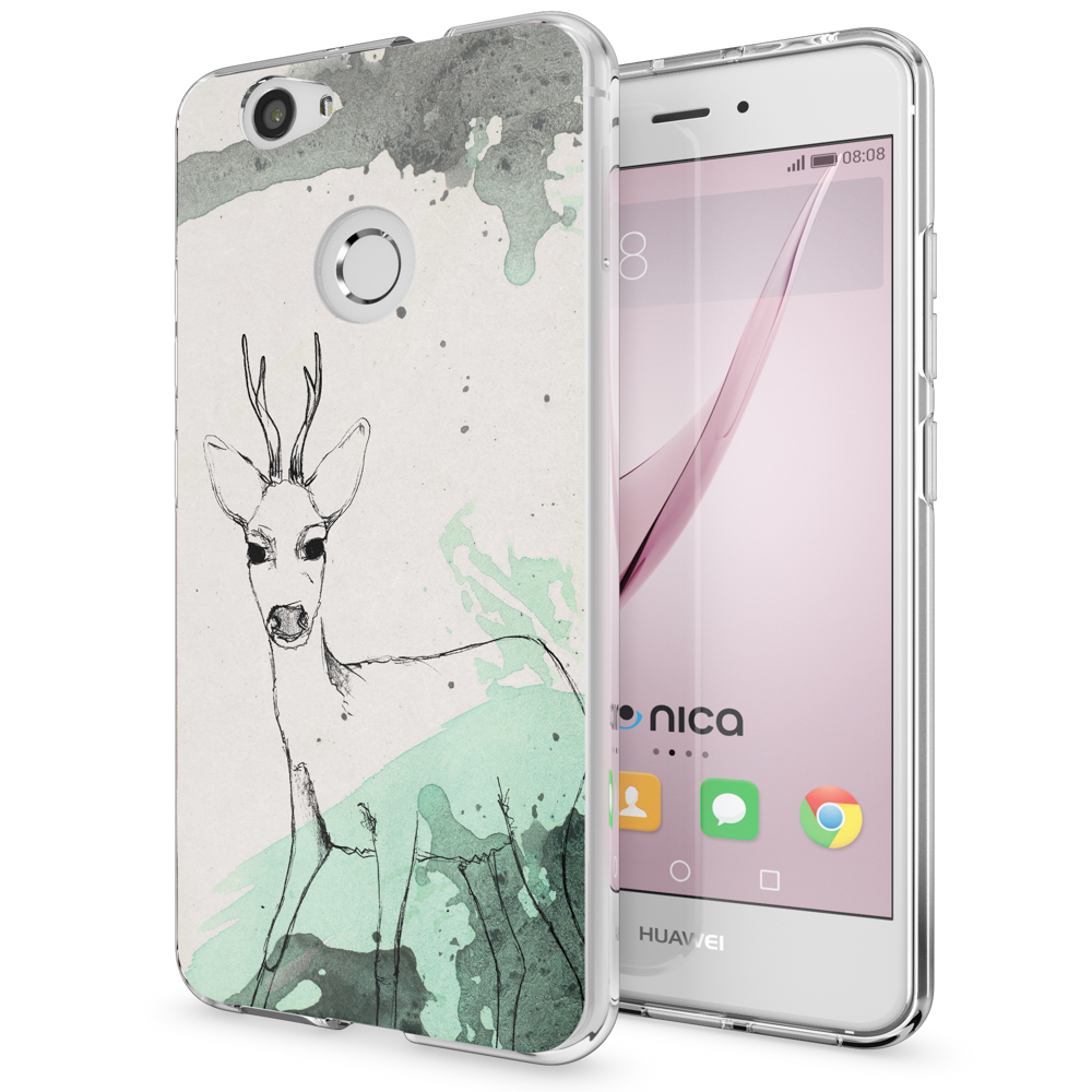 Téléphone dans un étui avec un dessin de cerf. Un motif d'arbre est sur l'étui. Logo Huawei visible. Fond blanc.
