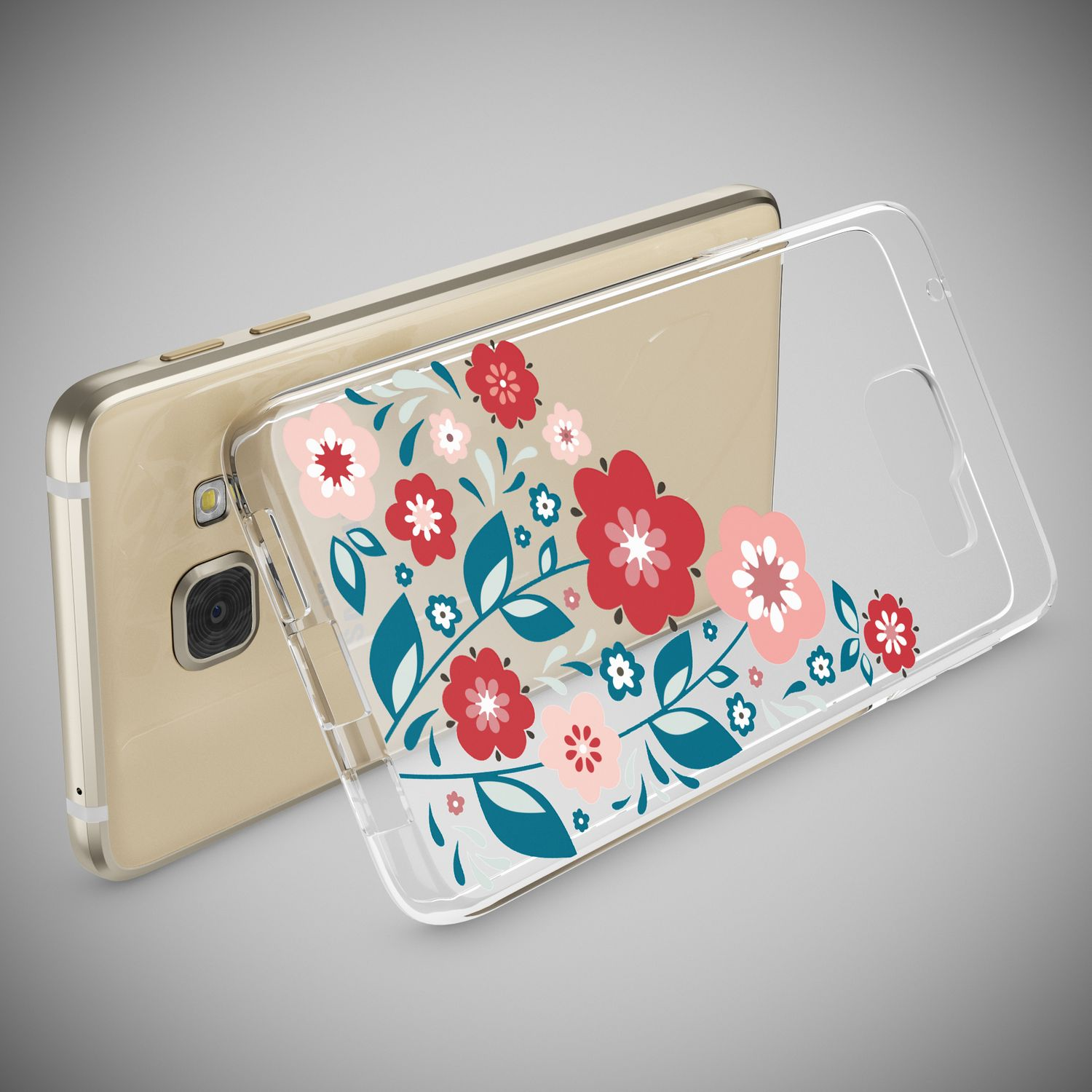 Ein Telefon mit floraler Schutzhülle. Die Hülle hat Blumen mit rosa, roten und blauen Blättern.