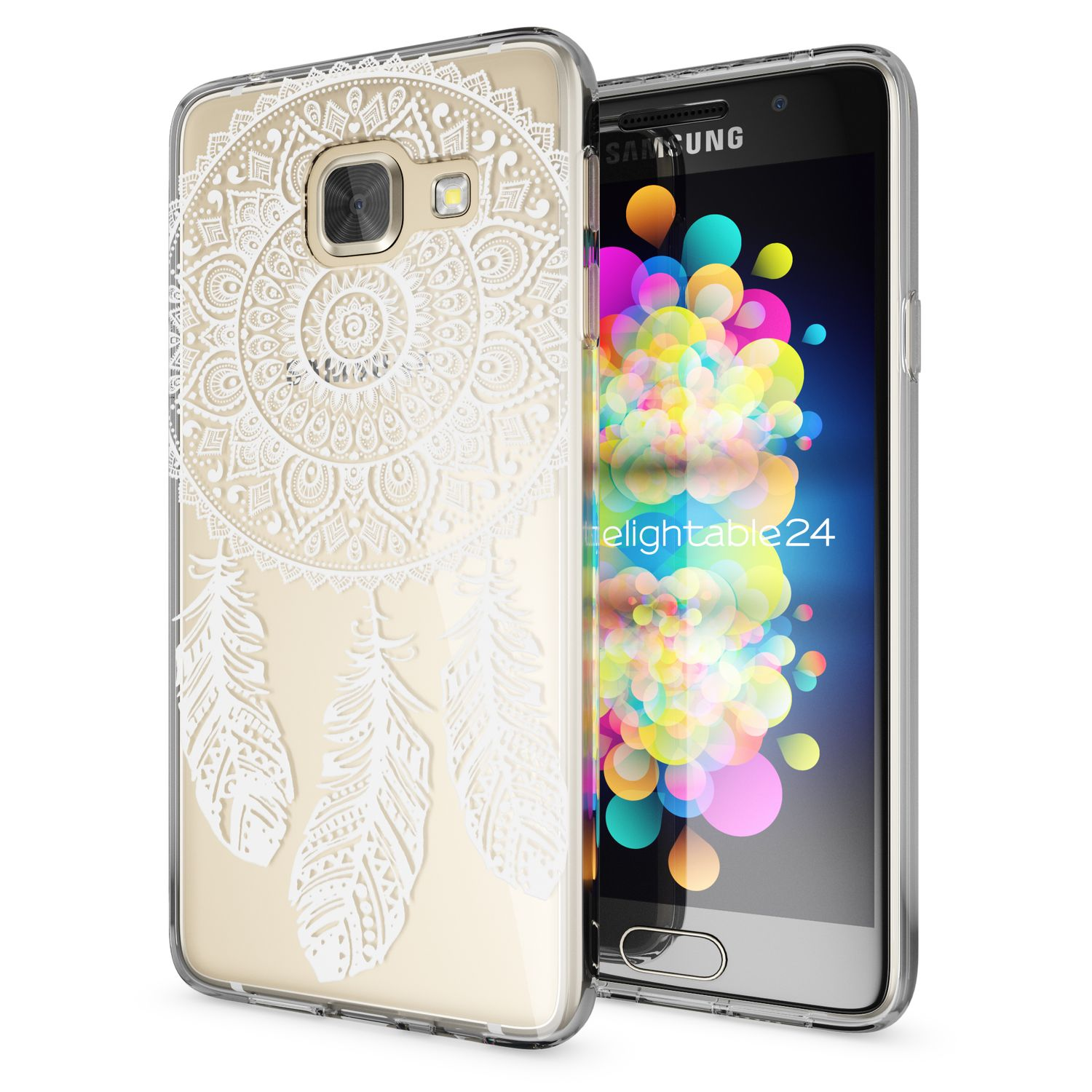 Telefon mit Hülle. Hülle mit weißem Traumfänger-Design, Telefon ist an.