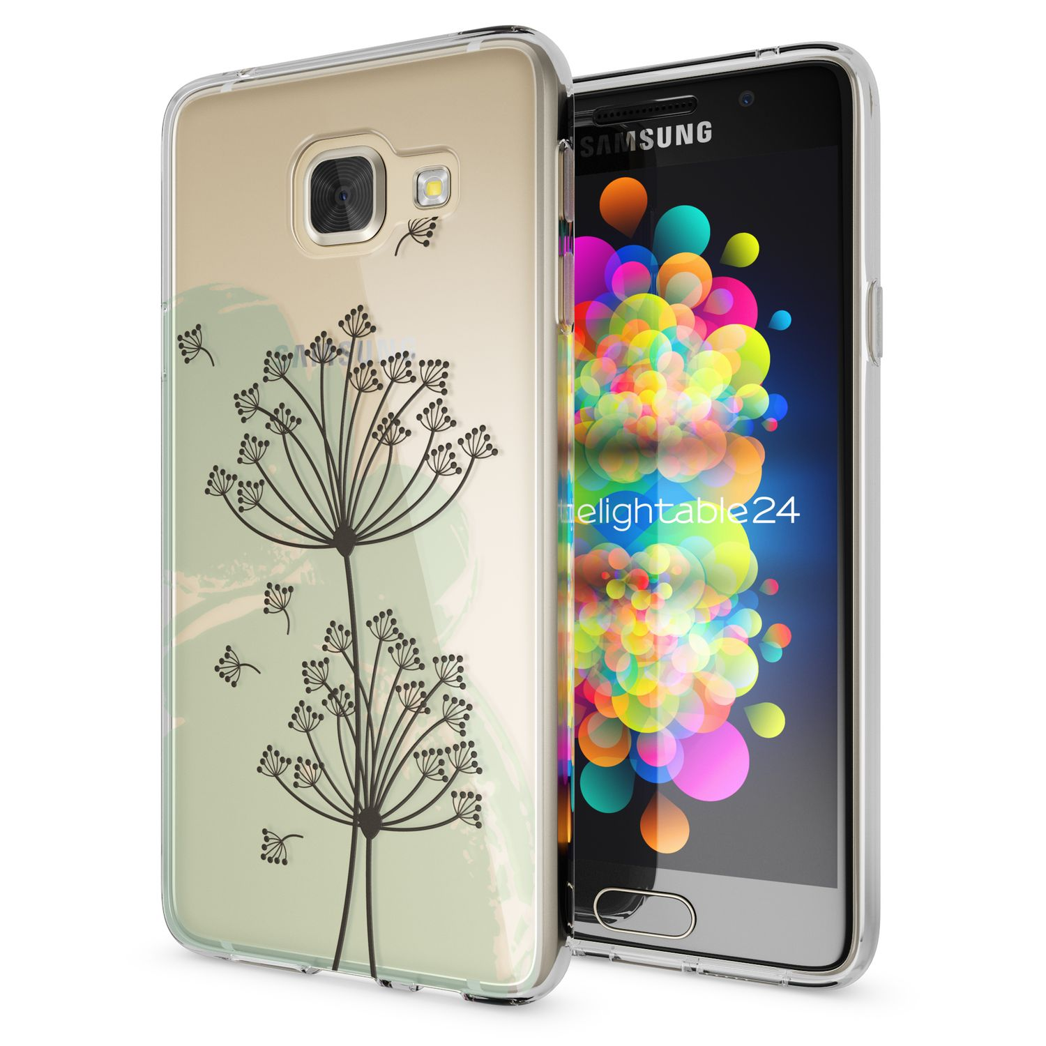 Handyhülle mit floralem Design auf Telefon. Telefon an, zeigt Apps.