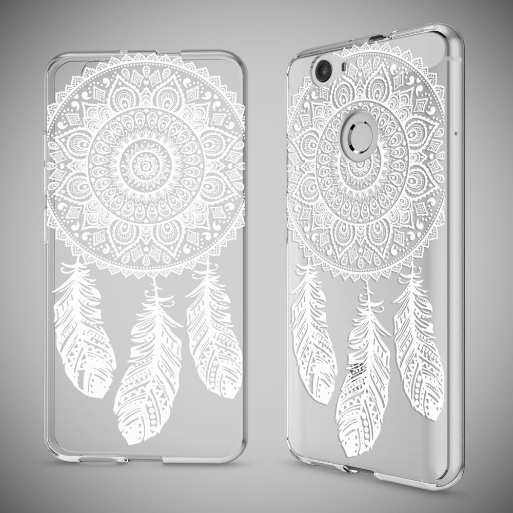 Handyhüllen mit einem Traumfänger-Design. Ein Gehäuse auf dem Telefon, das andere daneben. Weißes Design auf transparenten Hüllen.