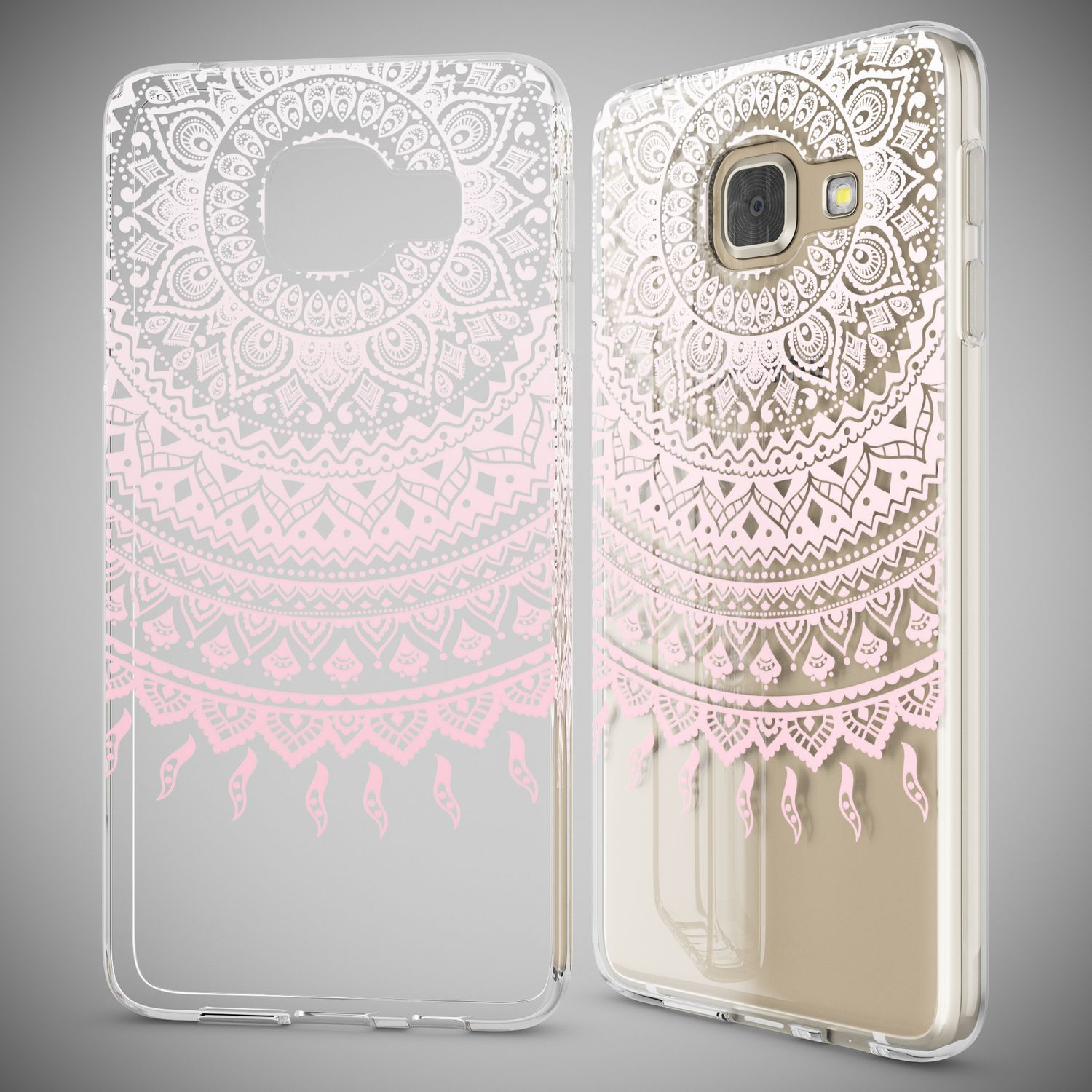Zwei Handyhüllen mit einem rosa-weißen Mandala-Design auf transparentem Hintergrund.
