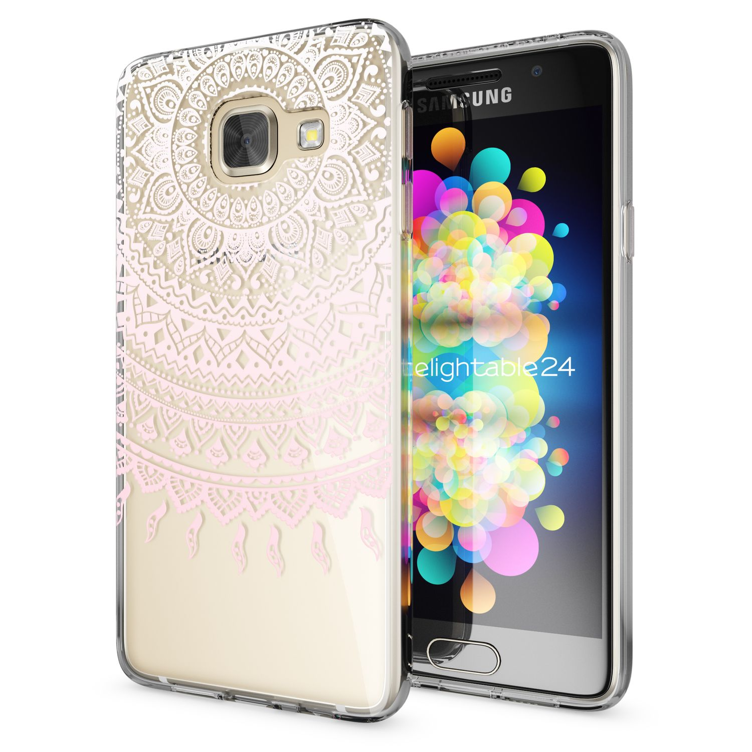 Ein Smartphone mit Hülle mit einem rosa-weißen Mandala-Design, das einen bunten, abstrakten Bildschirm anzeigt.