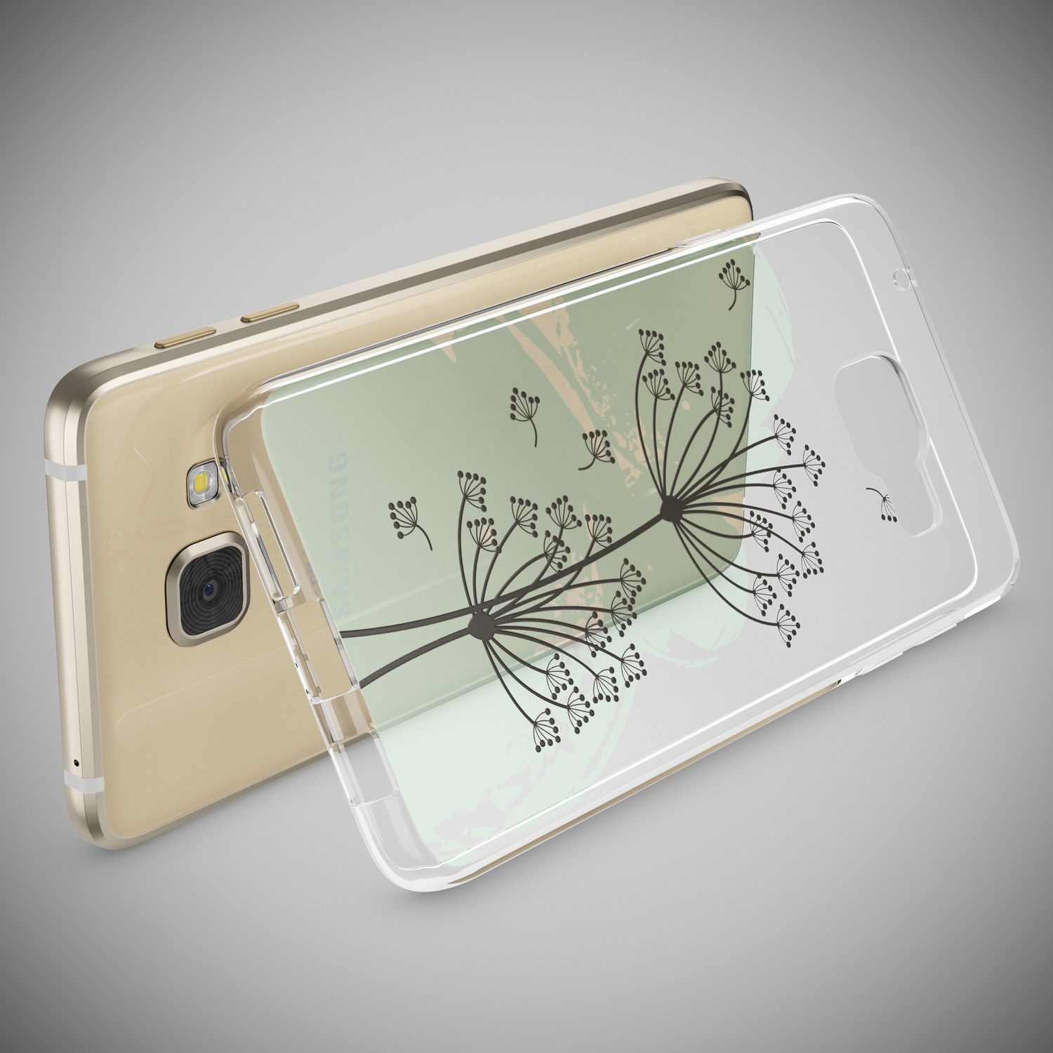 Telefon mit transparenter Hülle. Die Hülle hat ein Blumendesign. Rückseite goldfarben.
