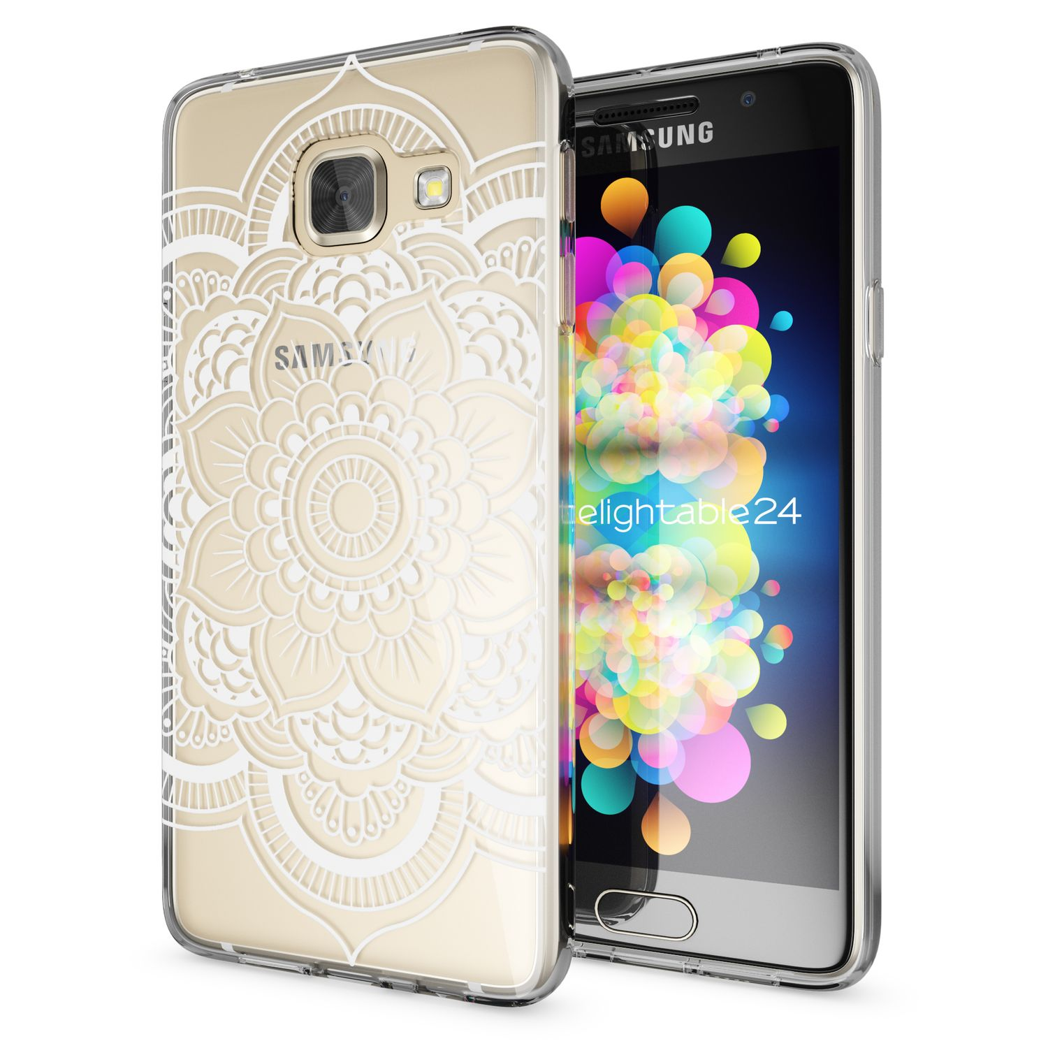 Samsung Telefon mit floraler Hülle. Hülle hat weißes Blumendesign. Telefon ist gold.