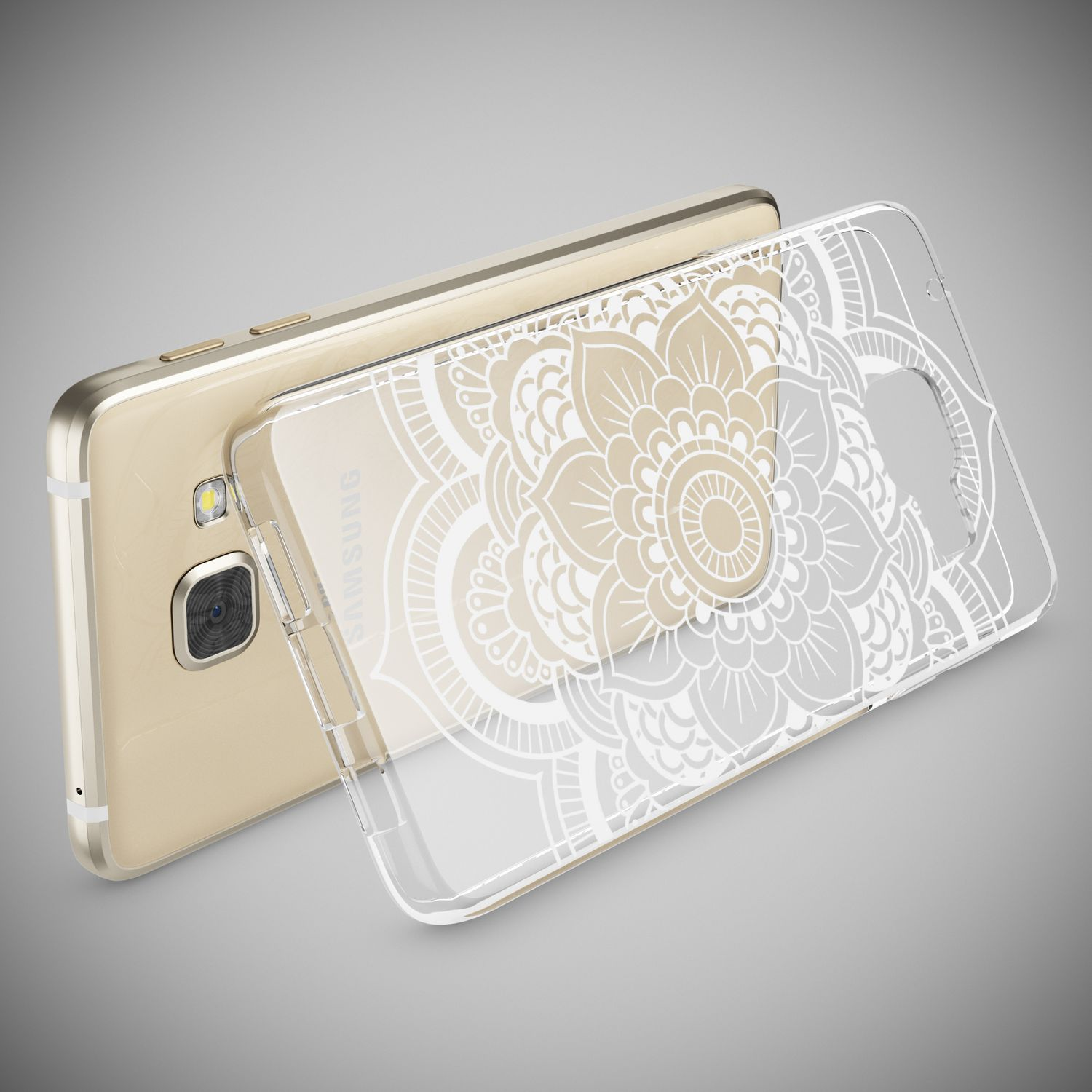 Ein Telefon mit einer transparenten Hülle mit weißem Blumendesign auf grauer Oberfläche.