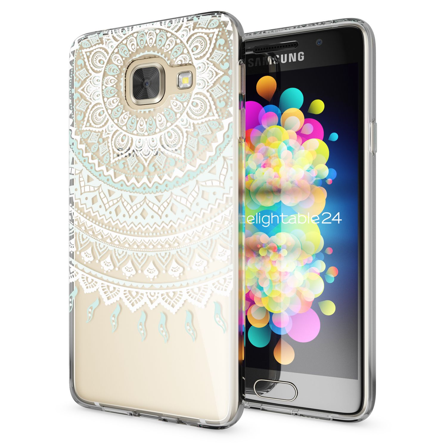 Weißes Telefon in einer transparenten Hülle mit blauem Mandala. Das Telefon ist an und hat eine bunte App-Anzeige.