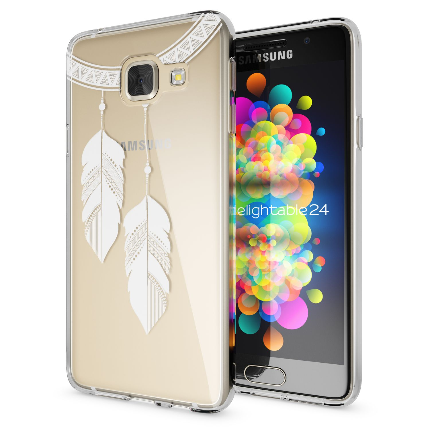 Transparente Handyhülle mit Federdesign, auf einem Telefon mit farbenfrohem Display, weißer Hintergrund.