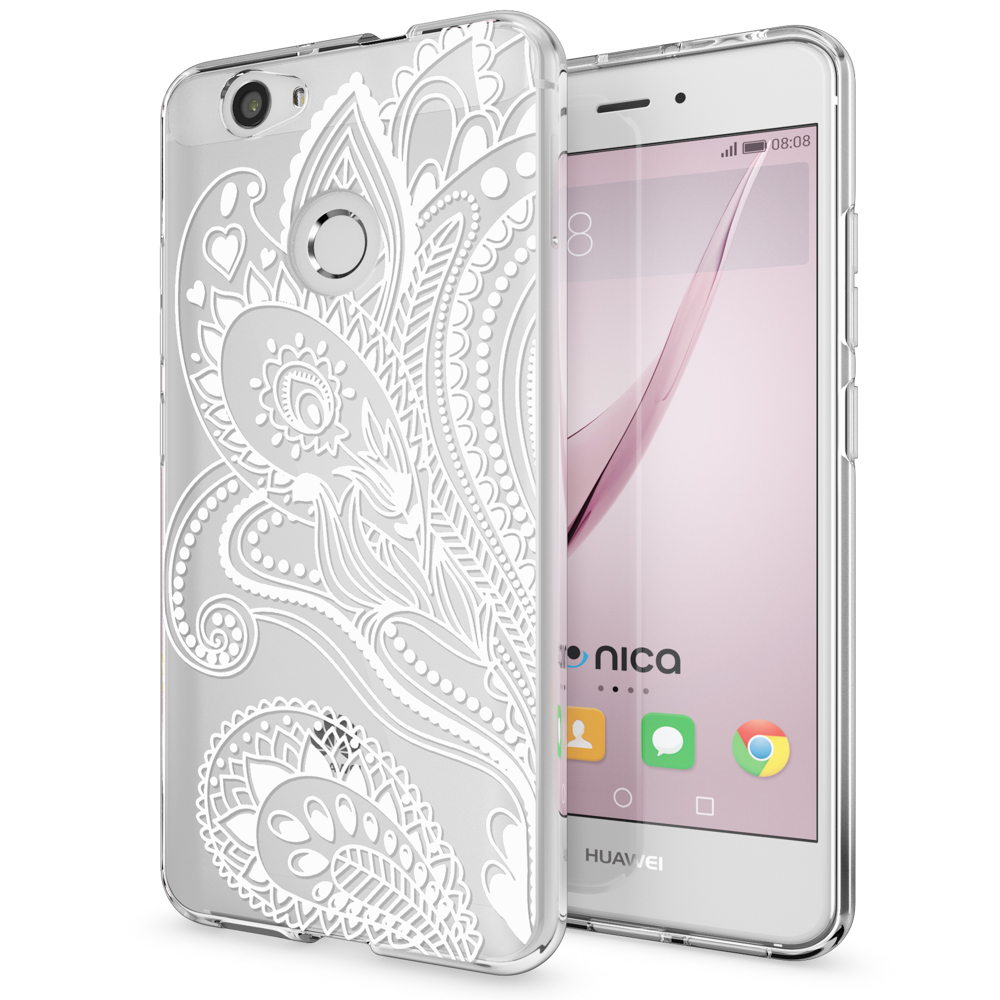 Ein Telefon mit einer durchsichtigen Hülle mit weißem Blumendesign auf der Rückseite. Das Telefon ist weiß.