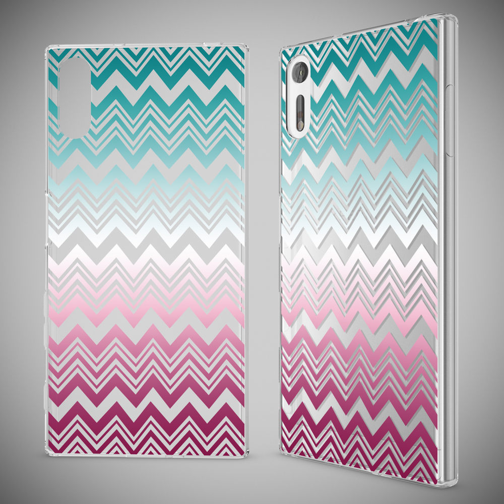 Handyhülle mit Chevron-Gradient-Design. Zwei Hüllen gezeigt. Grauer Hintergrund.
