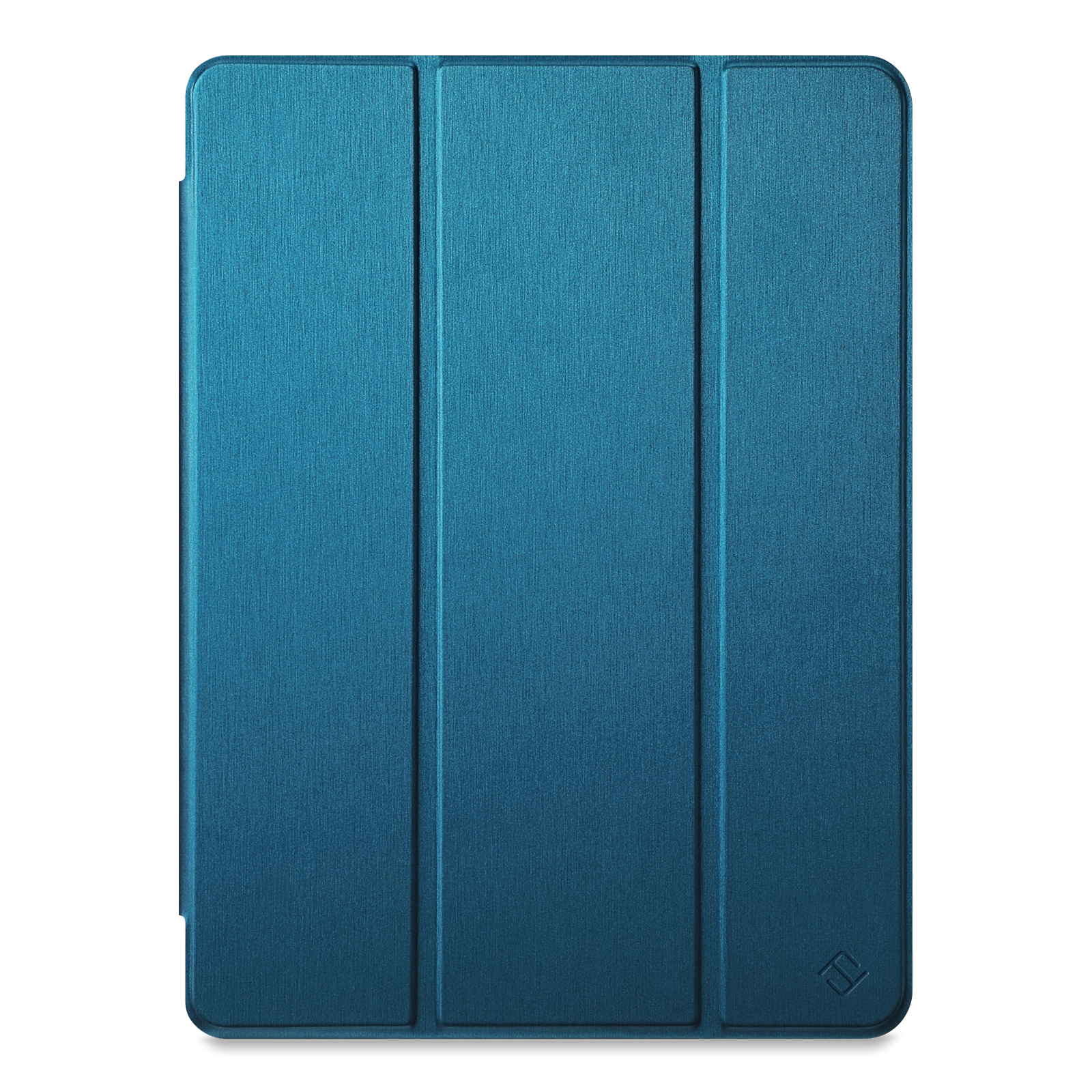 Blaue Tablet-Hülle mit drei vertikalen Paneelen, geschlossen. Strukturierte Oberfläche.