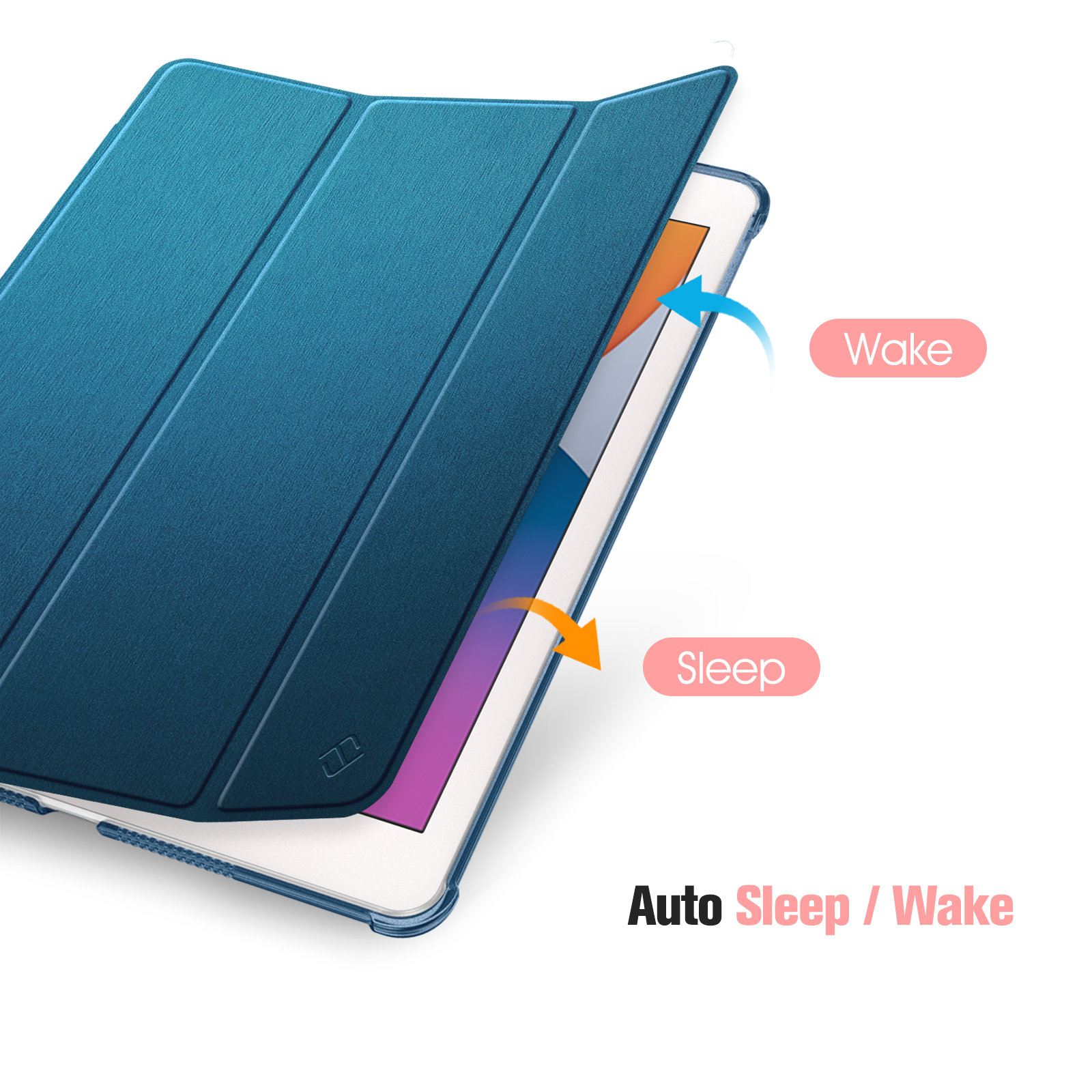 Tablet in einer teal-farbenen Hülle, teilweise geöffnet. Text zeigt 'Wake' und 'Sleep'.