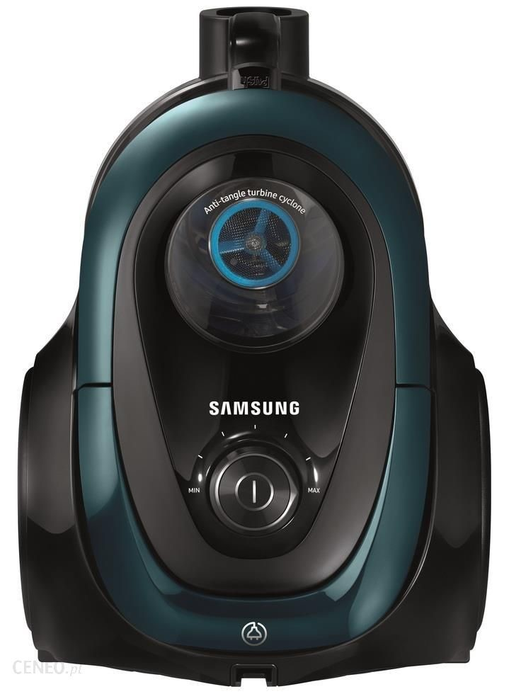 Un aspirapolvere Samsung blu e nero con pulsante di accensione e quadrante.