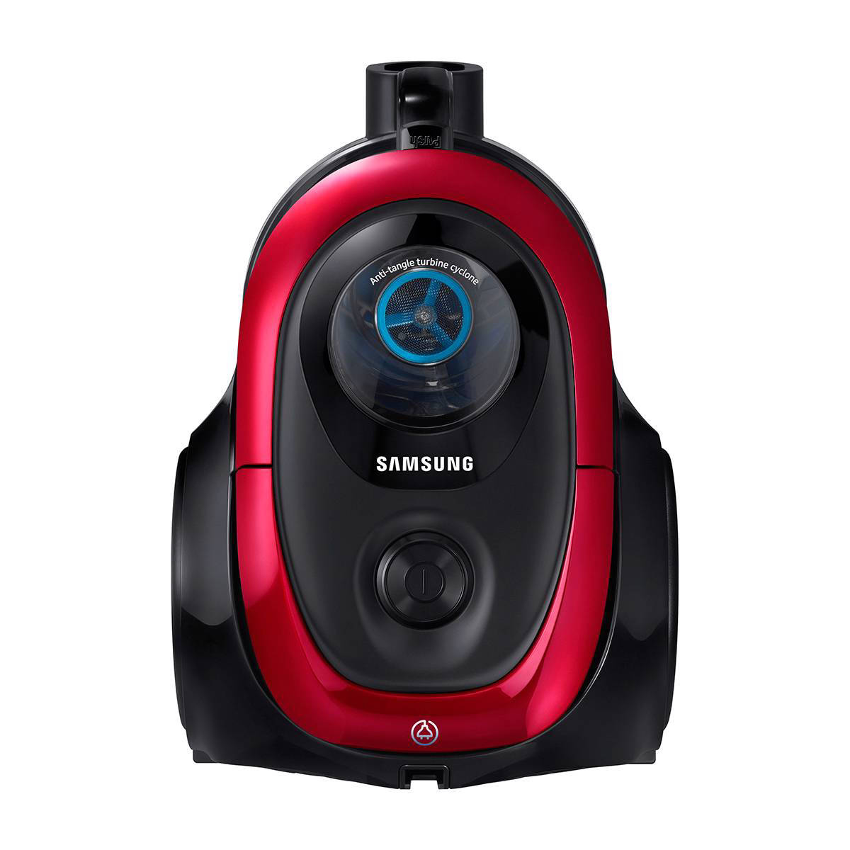 Una aspiradora roja y negra con la marca Samsung.