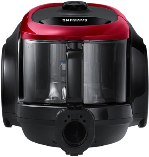 Aspiradora Samsung negra y roja, con cámara de polvo transparente.