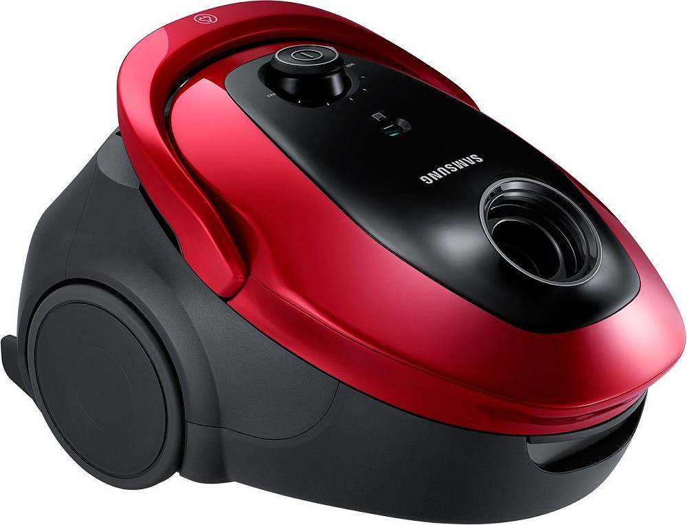 Czerwono-czarny odkurzacz Samsung z górnym uchwytem. Tło jest białe.