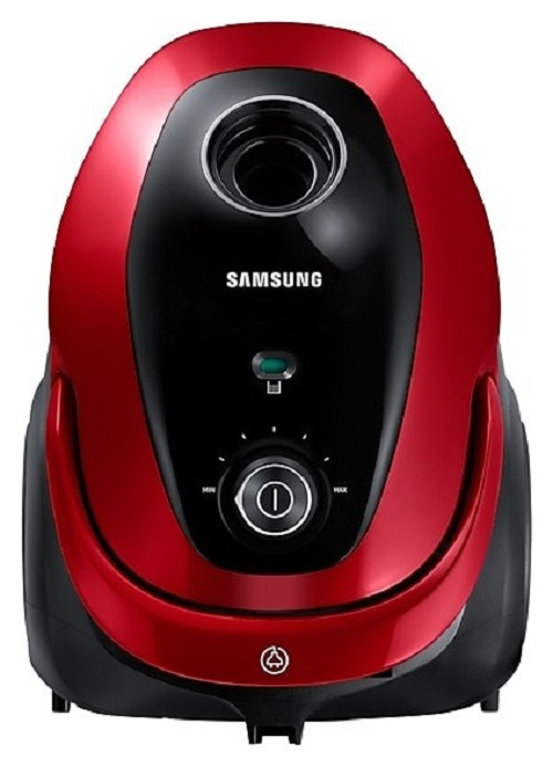 Czerwono-czarny odkurzacz Samsung. Posiada przycisk zasilania i pokrętło.