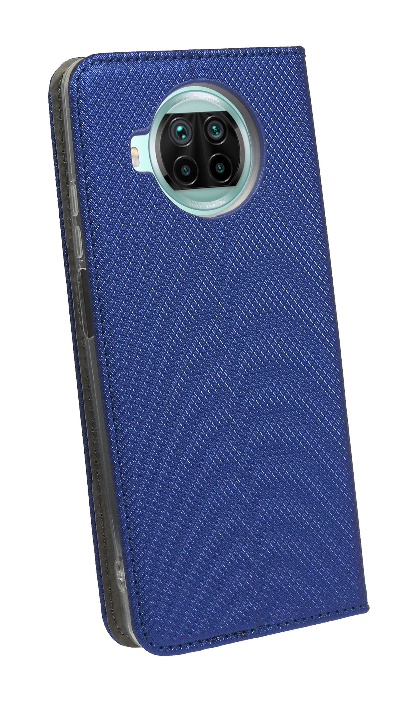 Eine blaue Handyhülle mit Kamera und einzigartigem Design. Das Telefon befindet sich in der Hülle.