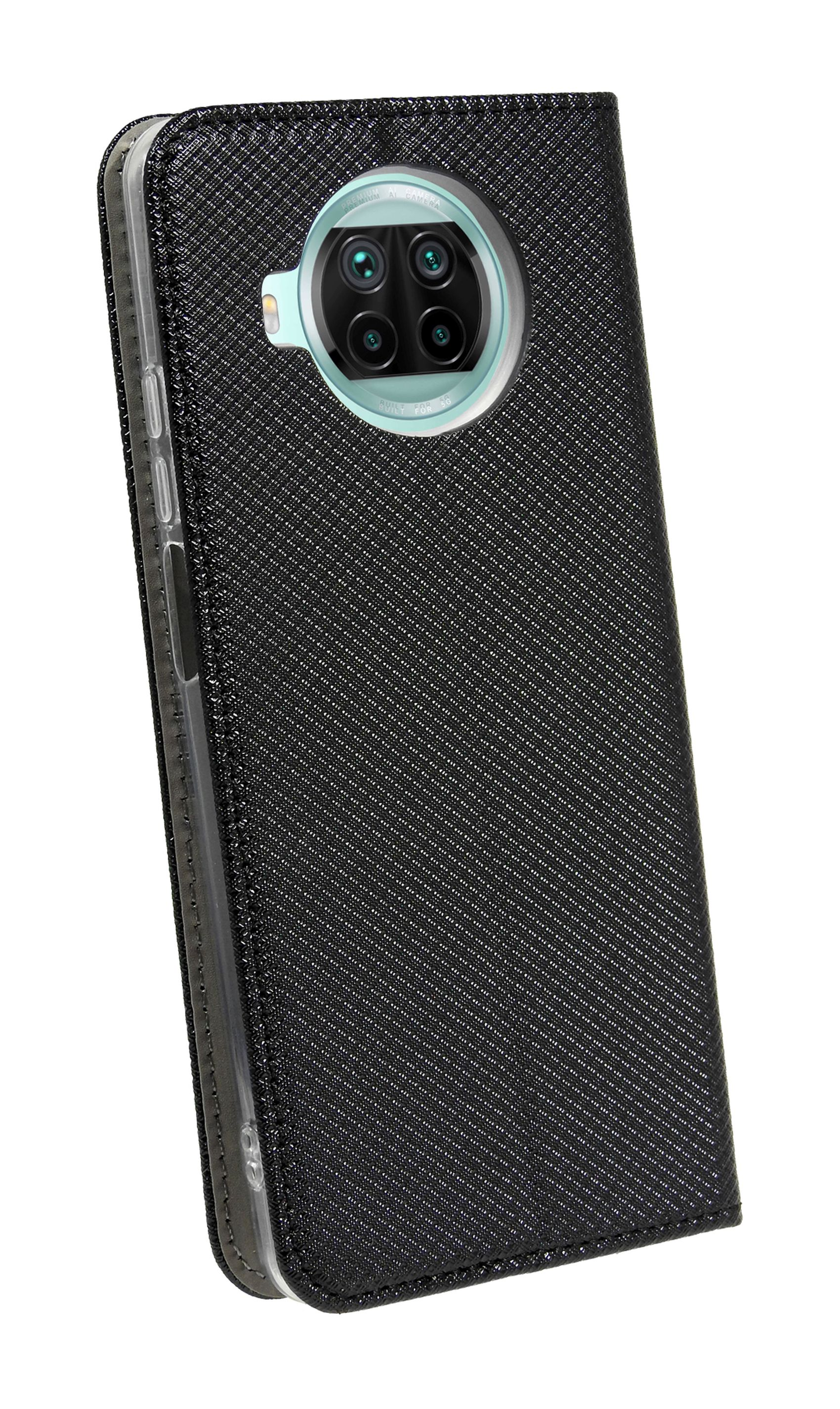 Schwarze Handyhülle mit strukturiertem Design. Telefon in Hülle, Kamera sichtbar, geschlossenes Wallet-Design.