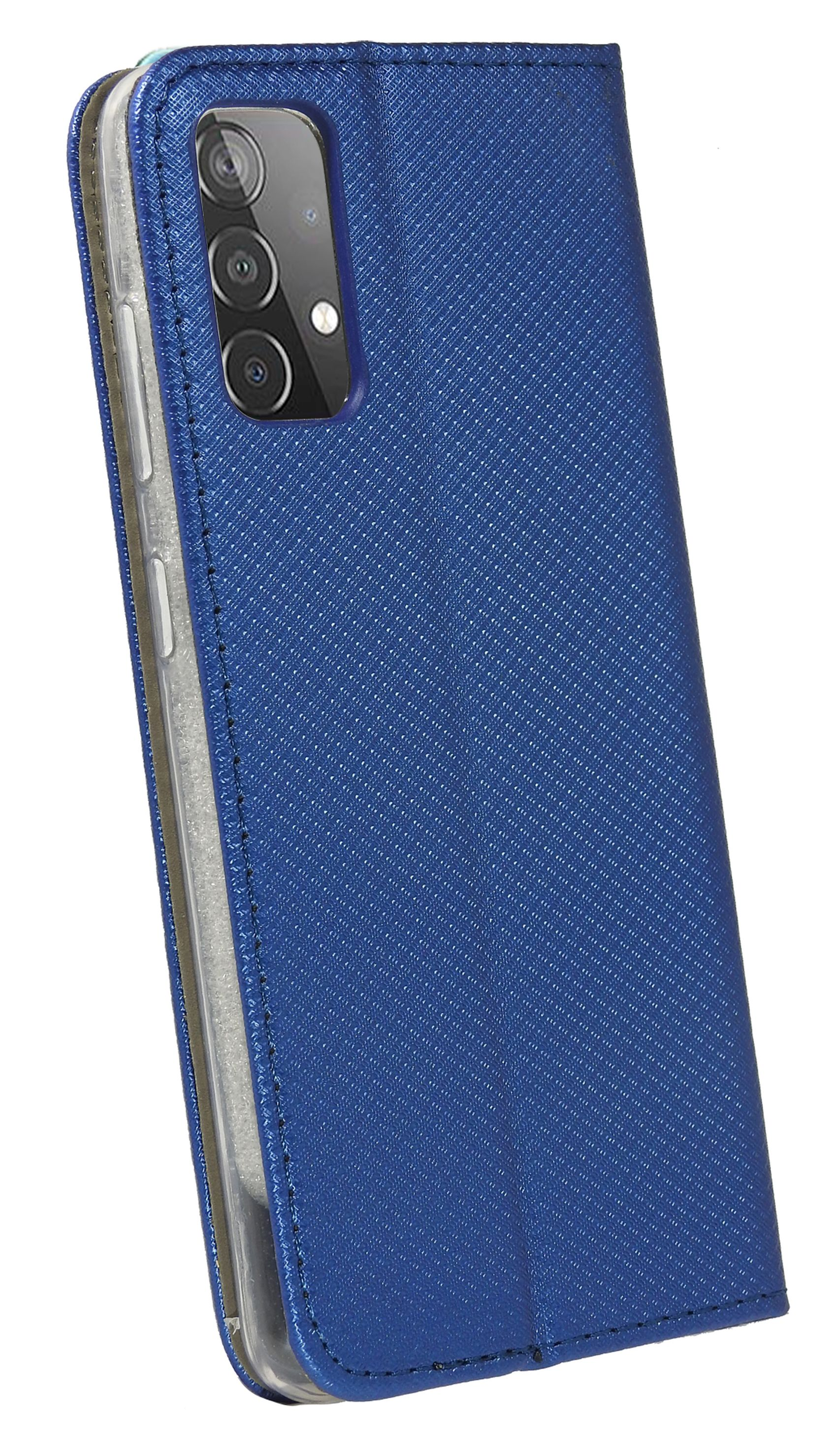 Eine blaue Handyhülle mit einem Telefon darin und einer Kamera.