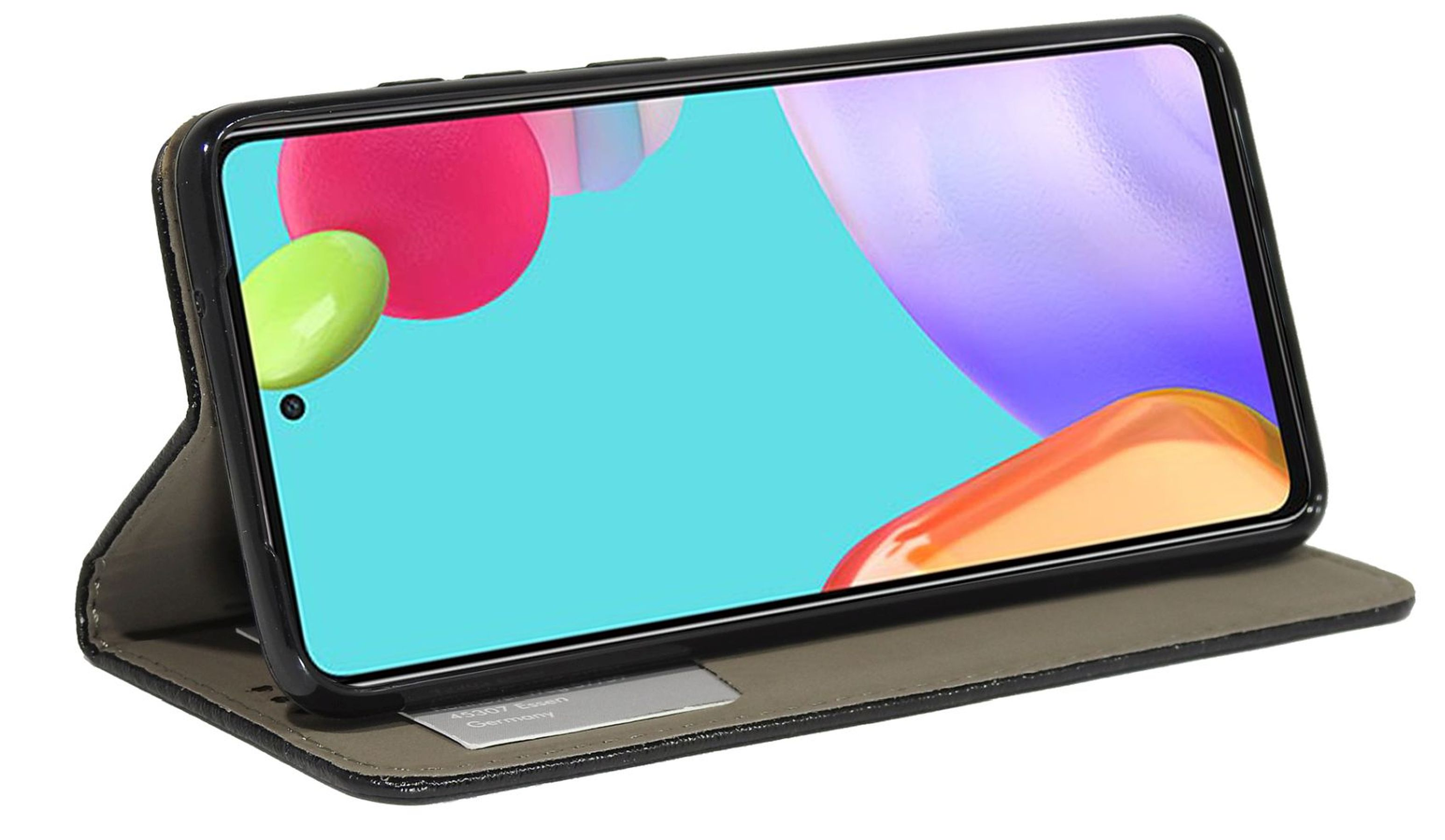Handyhülle mit geöffneter Abdeckung, die den Telefonbildschirm zeigt. Bunter abstrakter Hintergrund. Schwarzes Gehäuse.