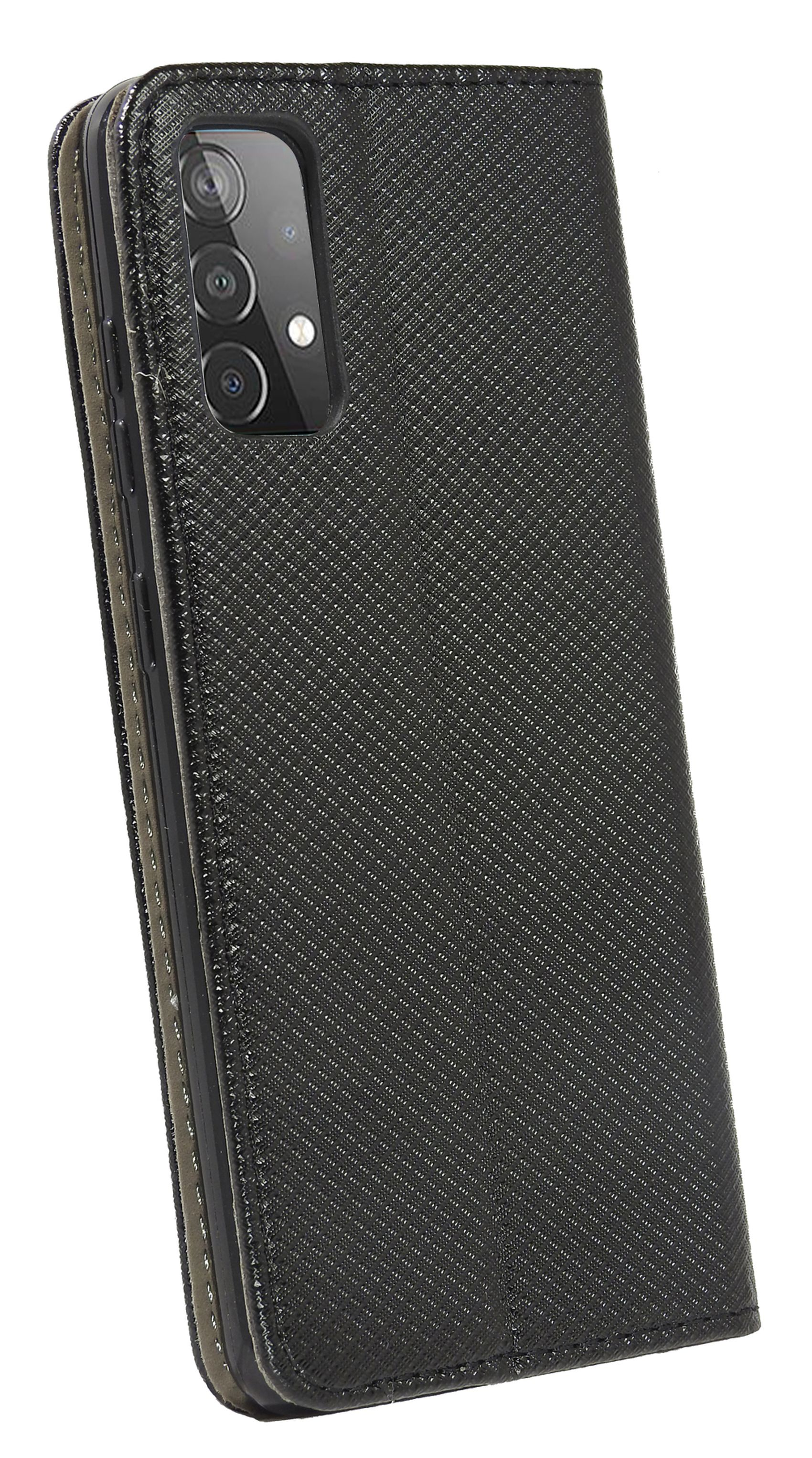 Schwarze Handyhülle mit strukturierter Oberfläche, Kamera und Klappe. Vertikale Darstellung.