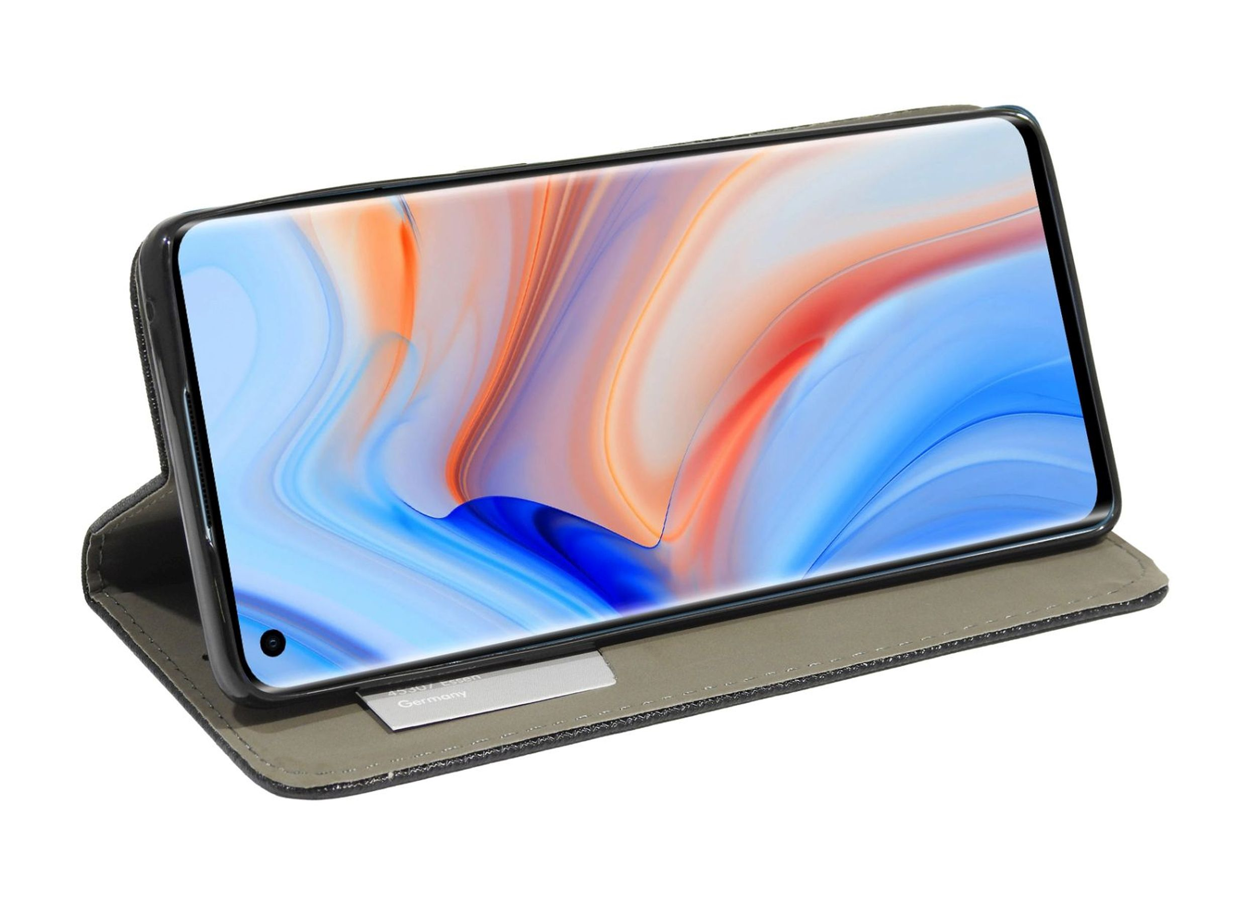 Telefon in einer Folio-Hülle, geöffnet, um den Bildschirm anzuzeigen. Der Bildschirm hat ein blaues und weißes abstraktes Muster.