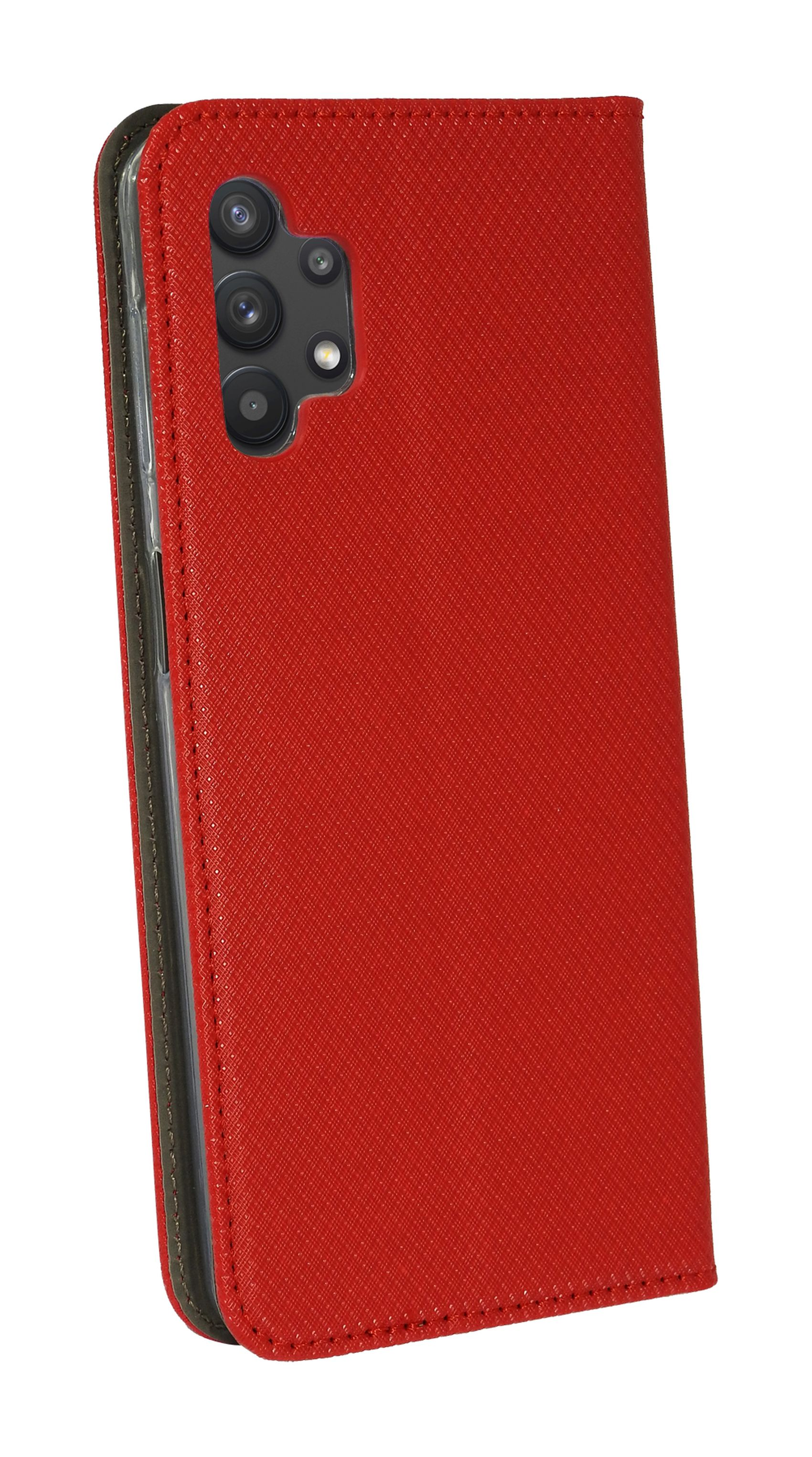 Rotes Handy-Brieftaschenetui ist geöffnet. Das Etui zeigt eine rote strukturierte Oberfläche.
