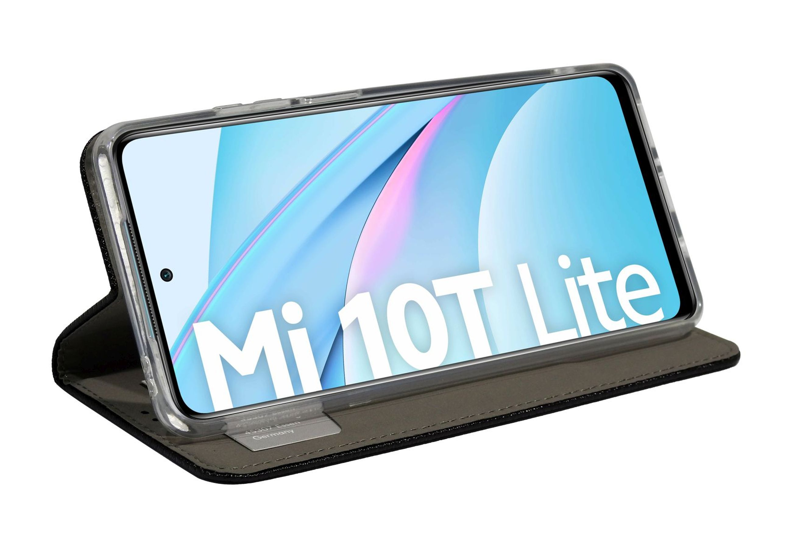 Smartphone in einer Hülle, zeigt Mi 10T Lite auf dem Bildschirm. Die Hülle ist geöffnet.