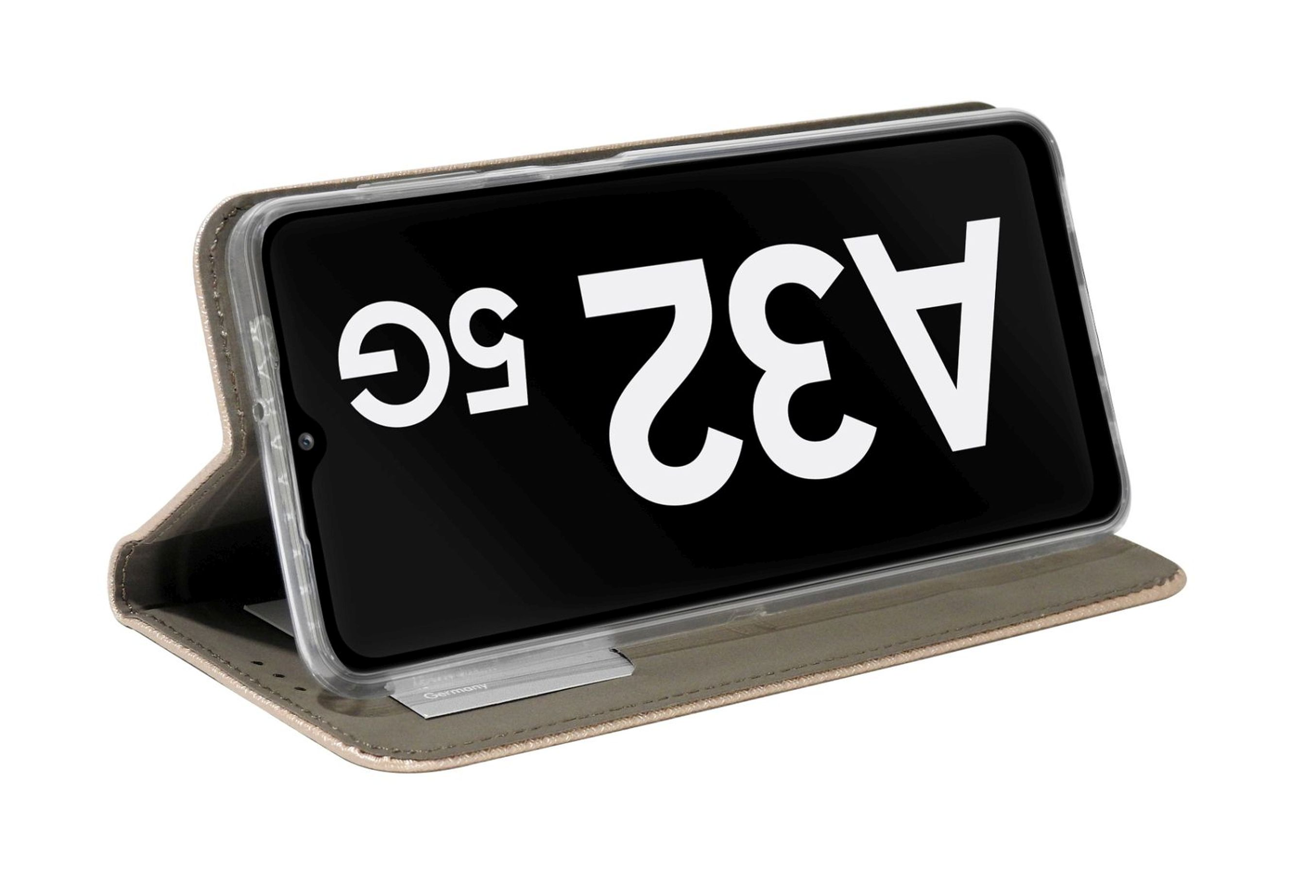 Geöffnete Handyhülle mit Handybildschirm und Text A32 5G.