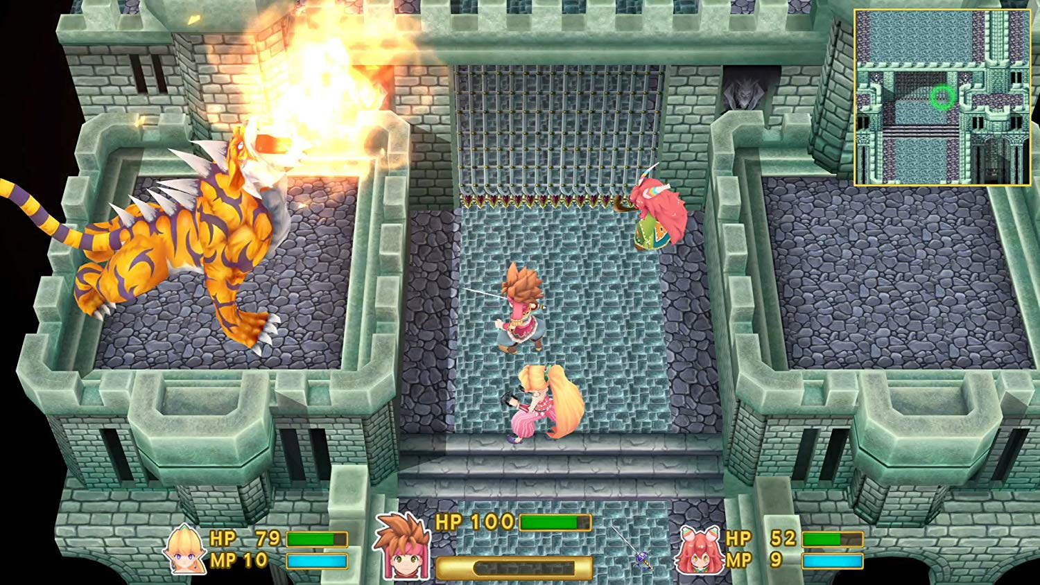 Videospielszenen. Charaktere kämpfen gegen einen Tiger in einer mittelalterlichen Burgumgebung.