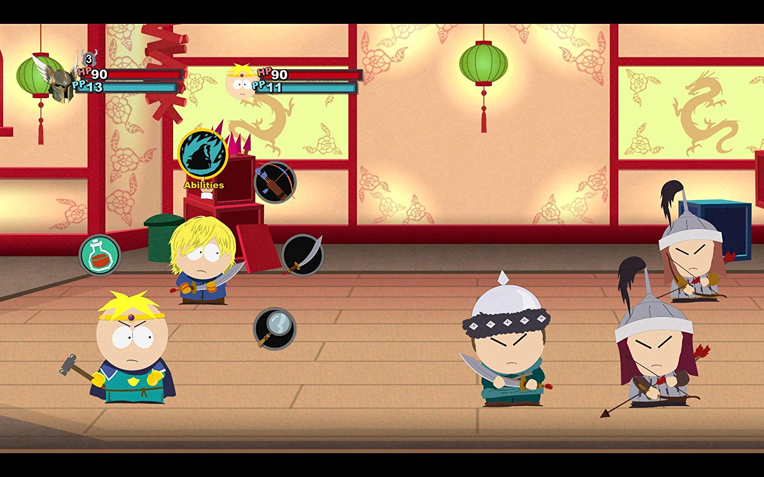 Cartoon-Kampfszene aus South Park. Charaktere befinden sich in chinesischer Umgebung und kämpfen.