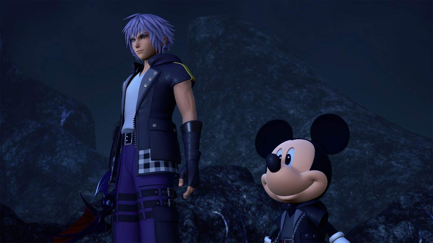 Anime-Figuren: ein junger Mann mit blauen Haaren und Mickey Mouse, in dunkler Umgebung.