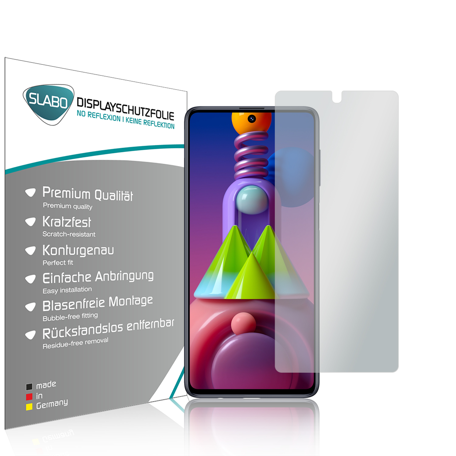 Telefon mit Displayschutzfolie. Text auf der Verpackung: Premium Qualität und kratzfest.