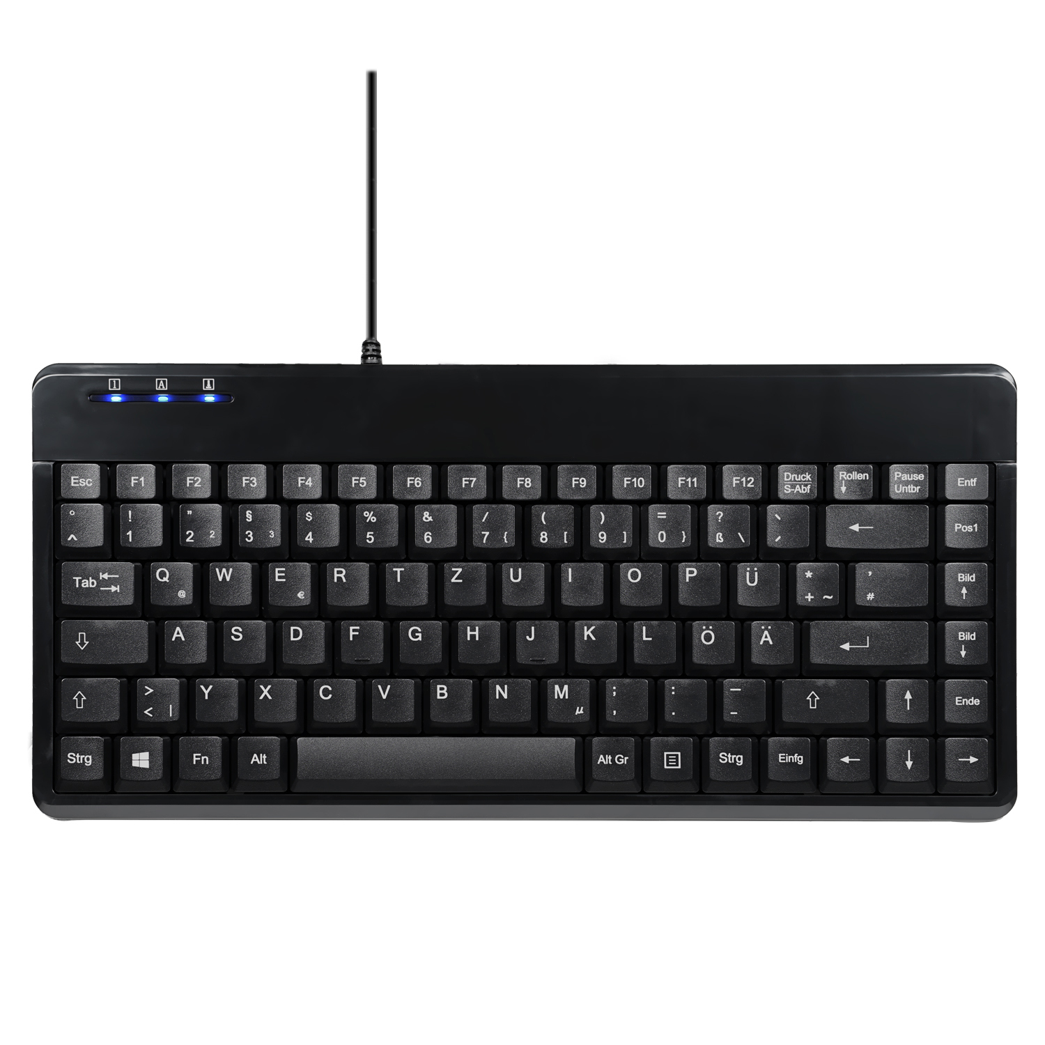 Schwarze Kompakt-Tastatur mit weißen Tasten und schwarzem Kabel auf weißem Hintergrund.