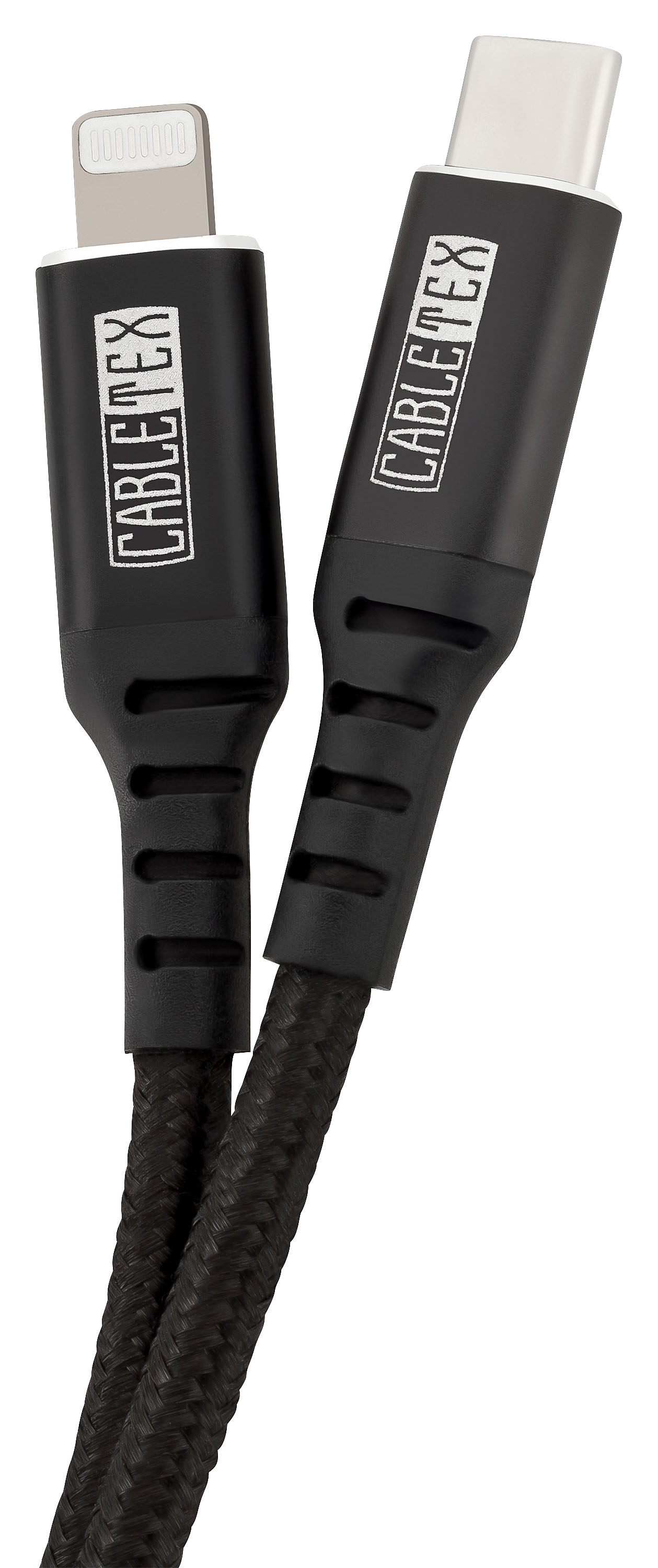 Ein schwarzes Ladekabel mit Lightning- und USB-C-Anschluss, CABLETEX-Logo darauf.
