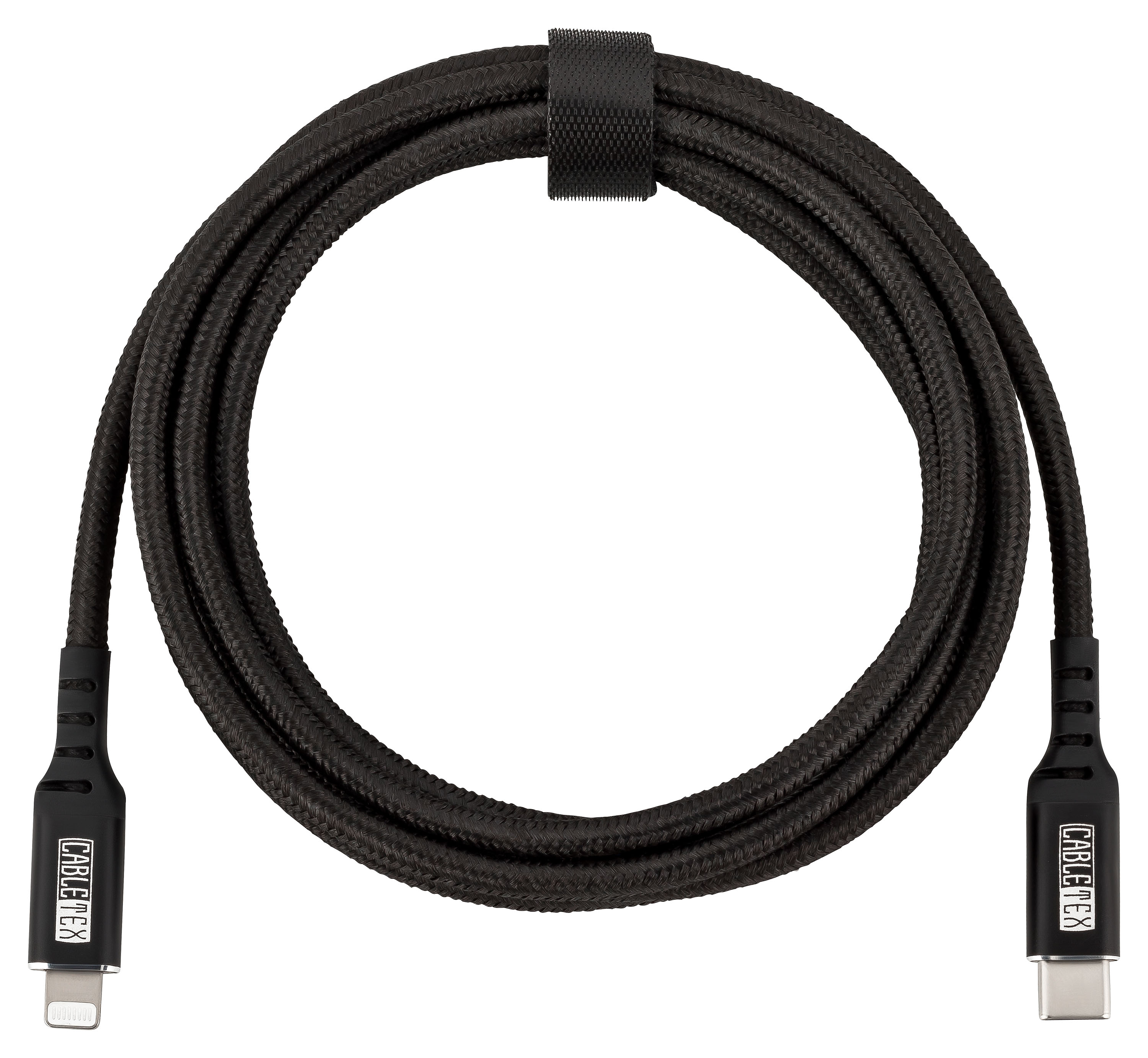 Schwarzes USB-C-auf-Lightning-Kabel in aufgerollter Position, mit Kabelbinder.
