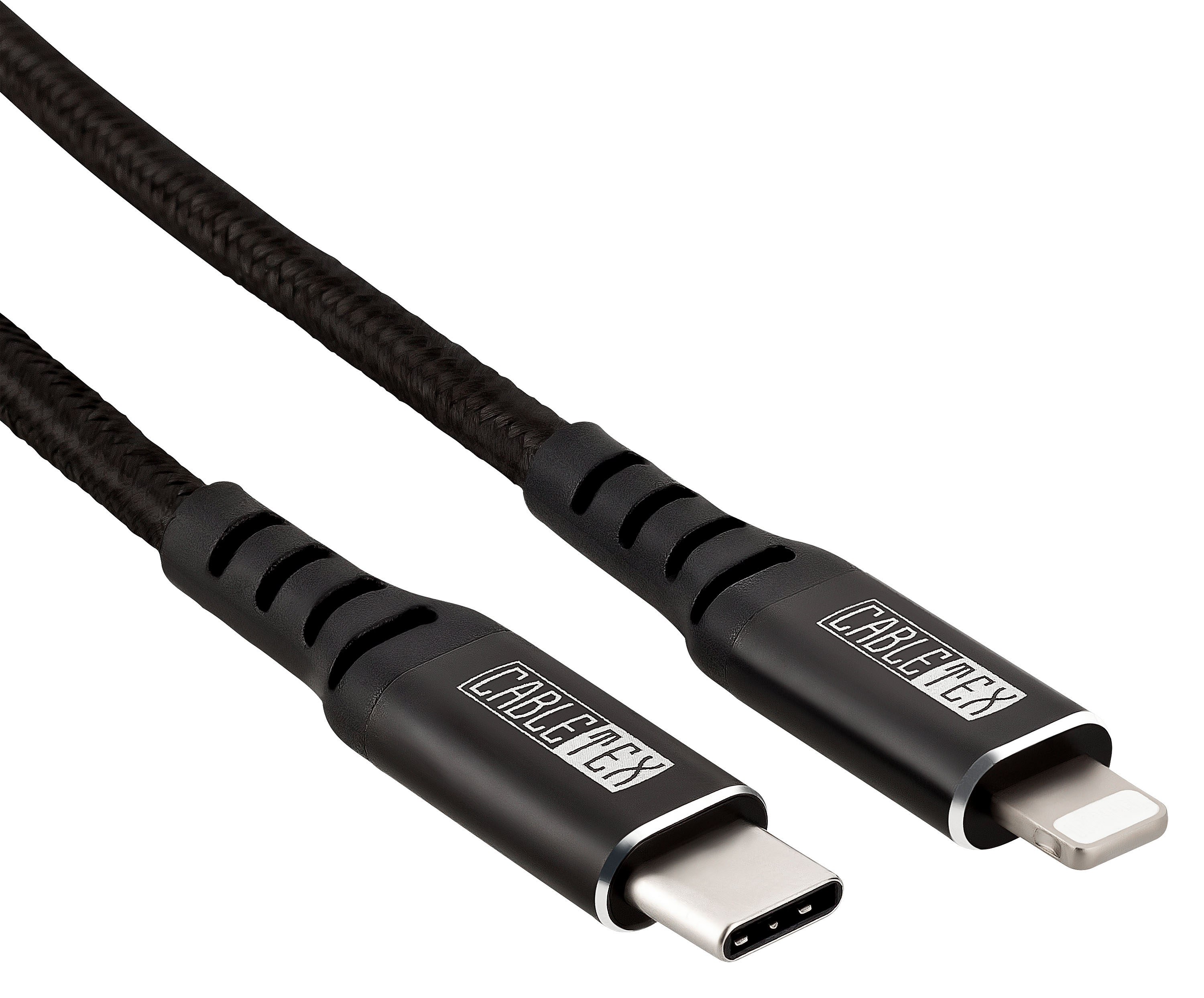 Zwei schwarze USB-Kabel, eines mit einem USB-C-Anschluss und das andere mit einem Lightning-Anschluss.