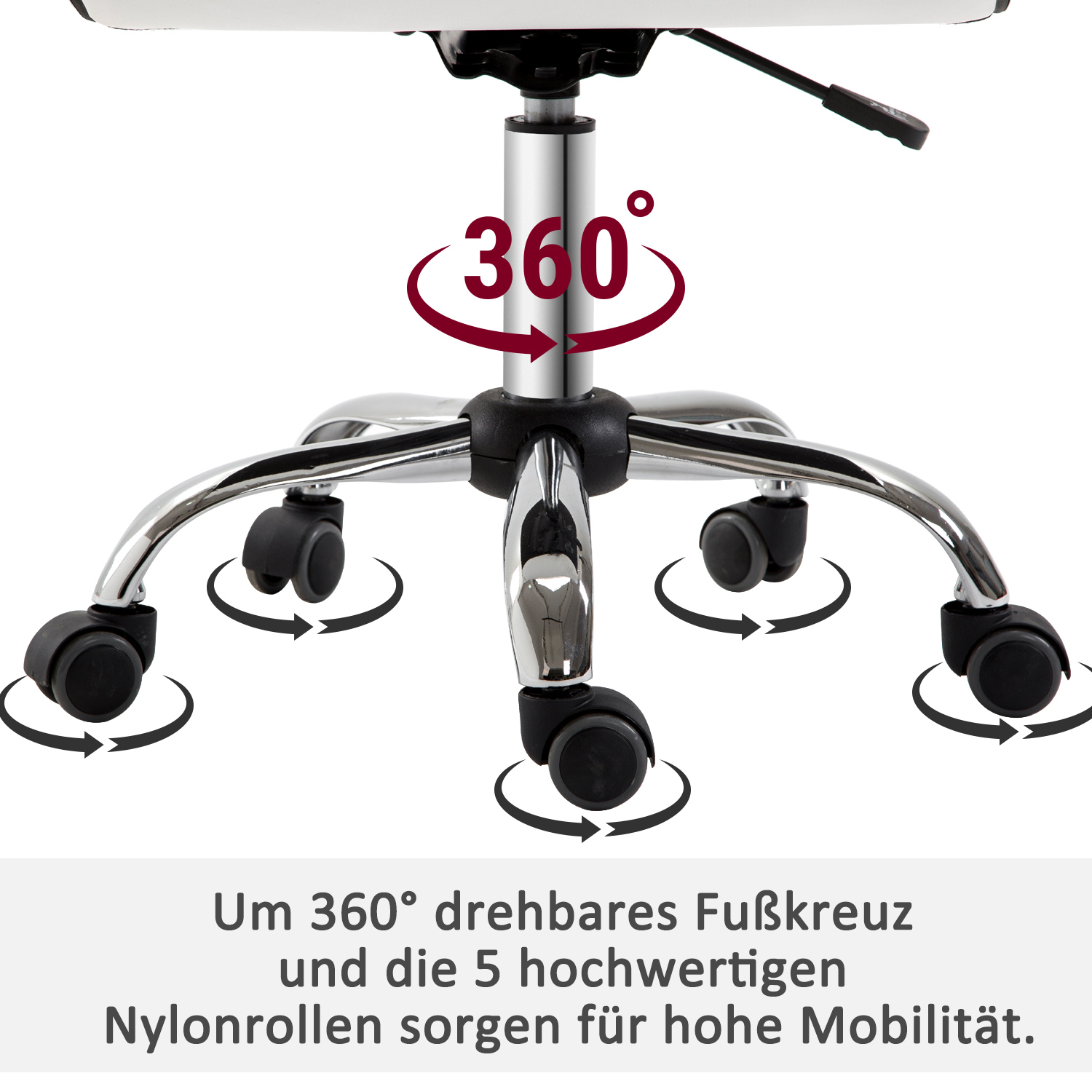 Bürostuhlsockel mit Rollen und 360-Grad-Dreh-Grafik. Text: 360° drehbares Fußkreuz und 5 Nylonrollen.