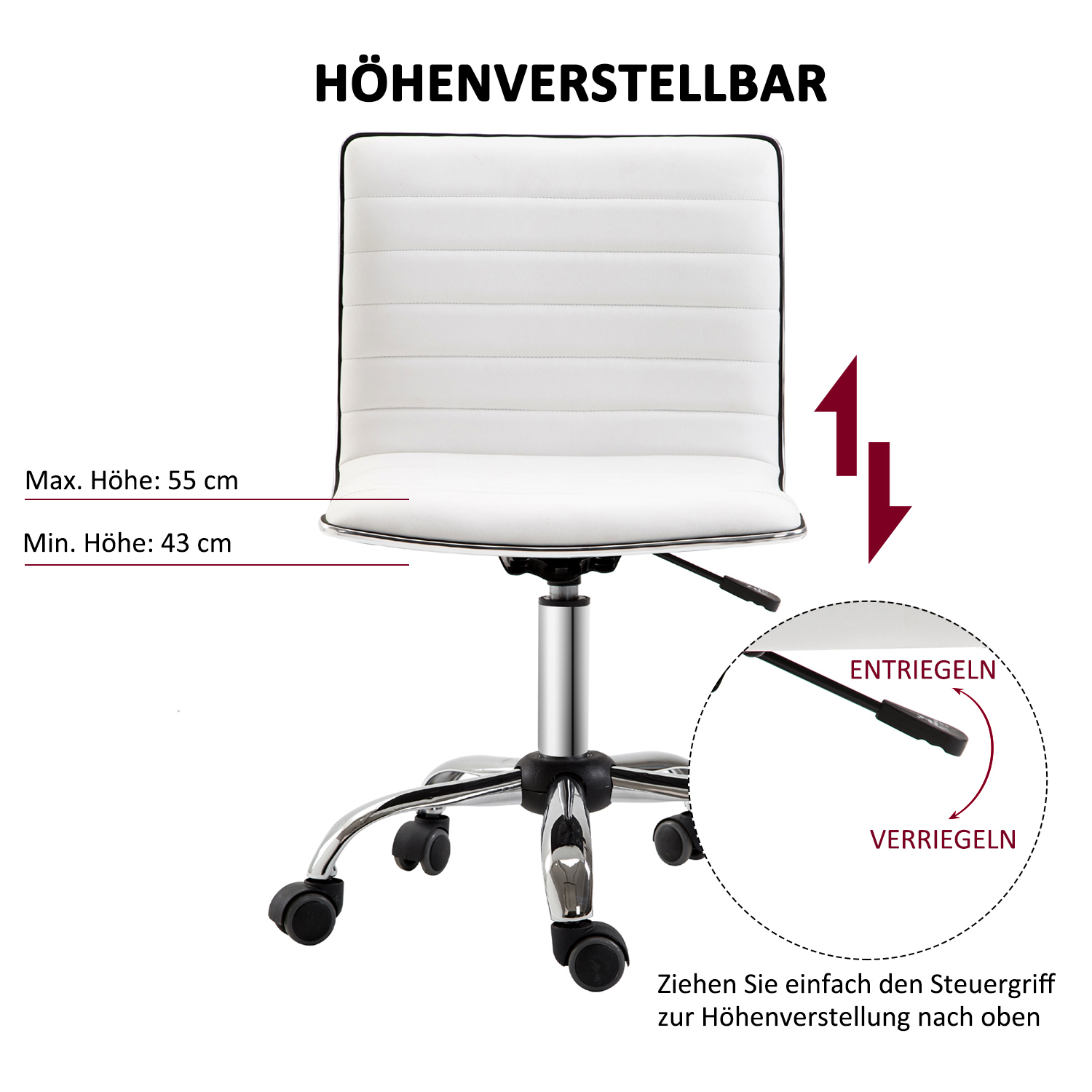 Weißer Bürostuhl mit Höhenverstellbarkeitsdetails. Text: Höhenverstellbar. Min: 43 cm, Max: 55 cm.
