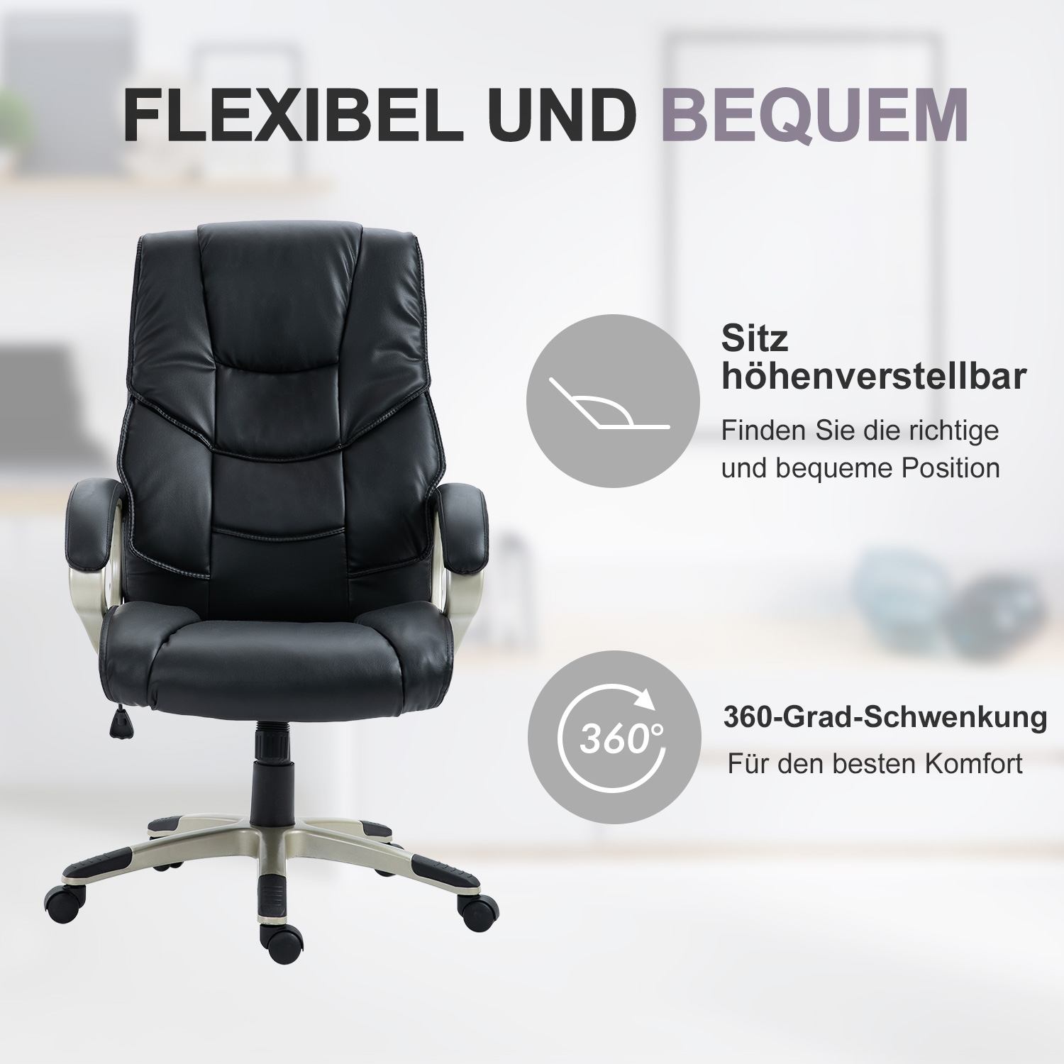Schwarzer Bürostuhl mit Text über Höhe und 360-Grad-Drehung.