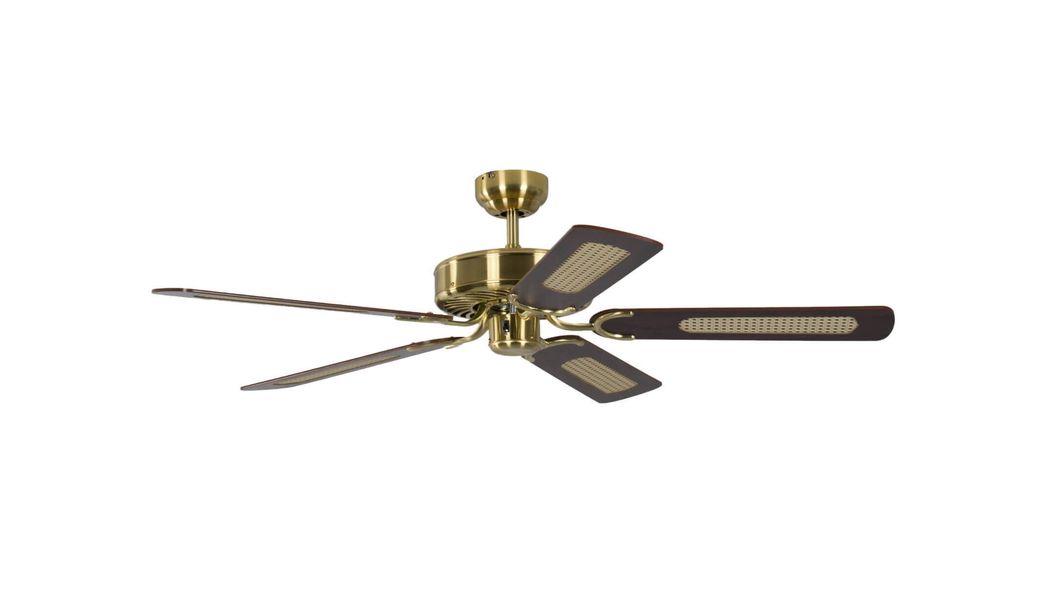 Ein Deckenventilator aus Messing mit fünf Flügeln und einem Holzdesign. Draufsicht.