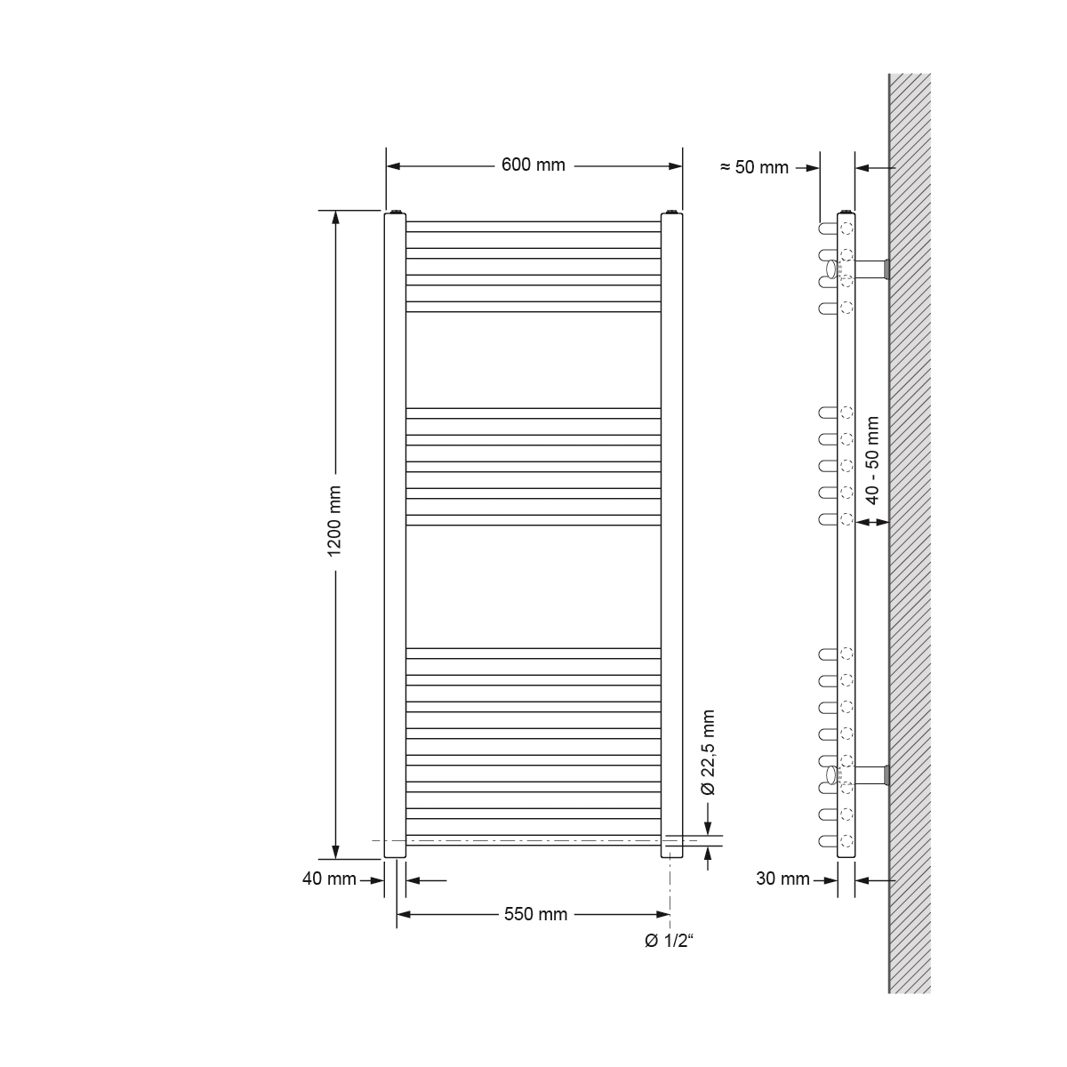 Diagramm eines Handtuchwärmers mit Maßen in mm. Seiten- und Vorderansicht.