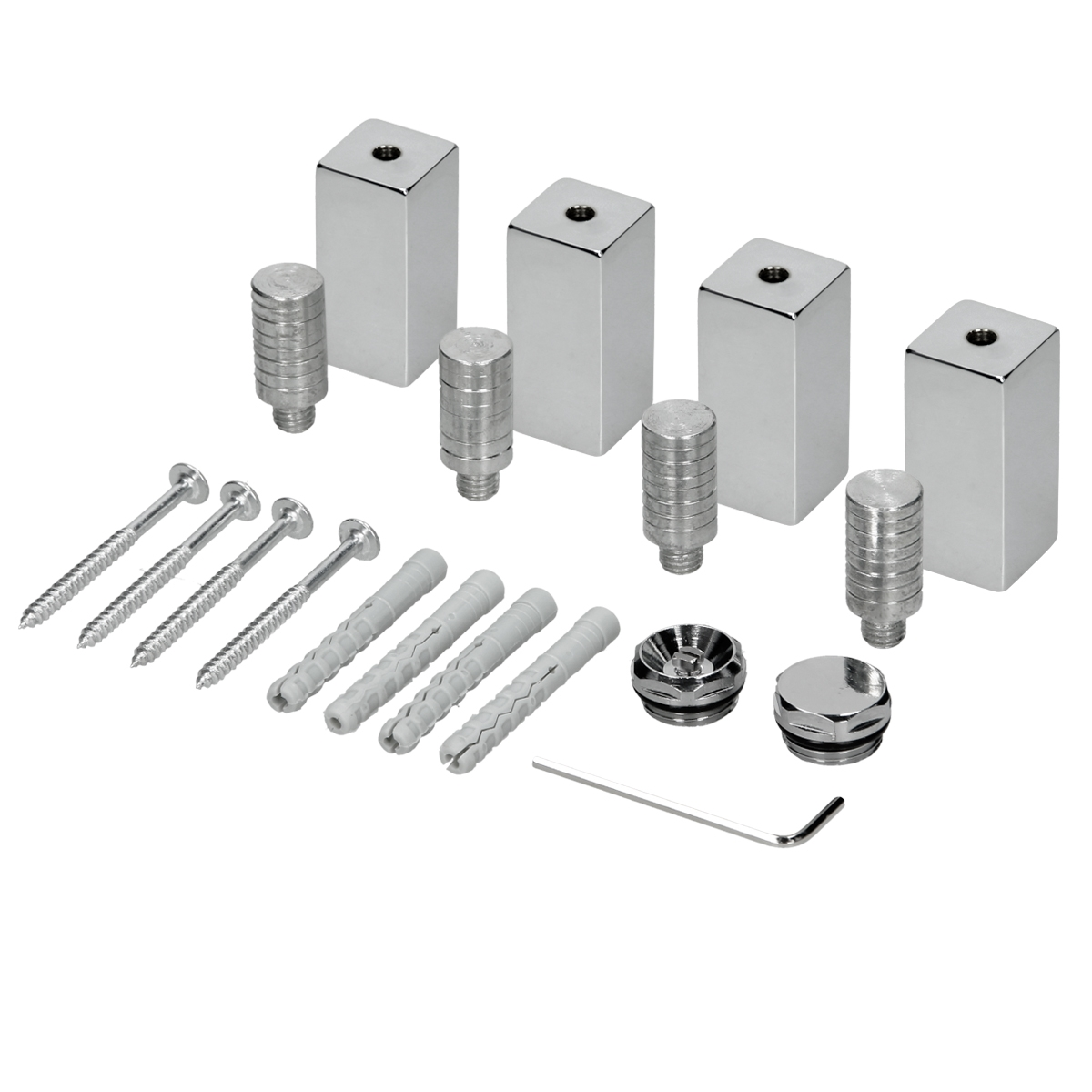 Verschiedene Metall-Hardware-Komponenten: Schrauben, Dübel, zylindrische und quadratische Metallteile.