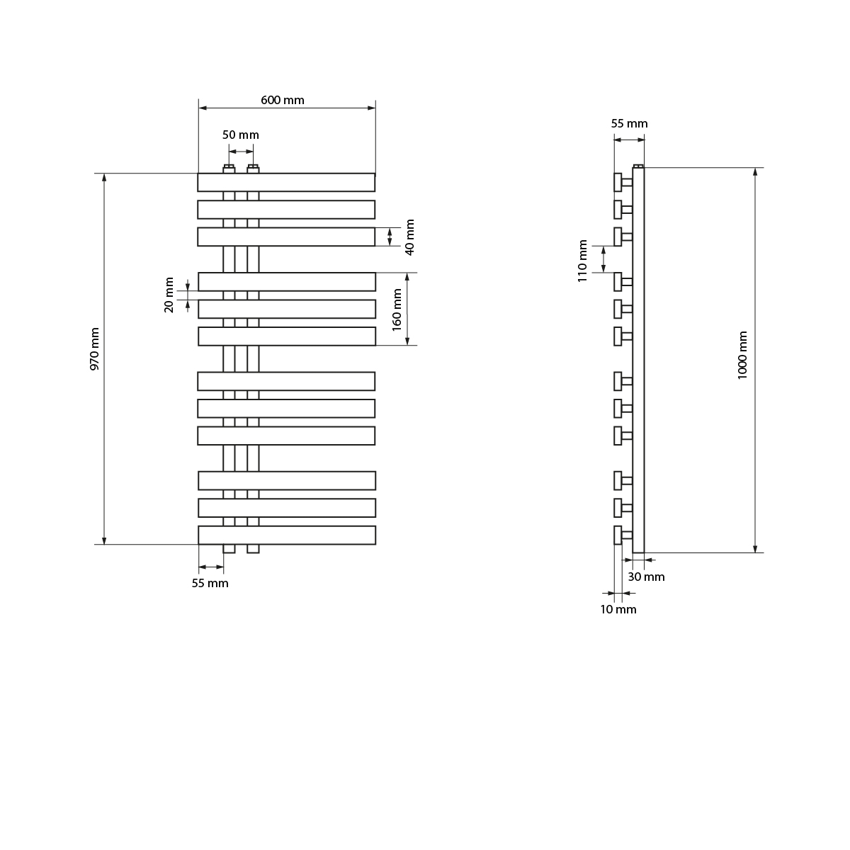 Technische Zeichnung mit einem Heizkörper und Abmessungen. Es ist ein vertikales Design mit mehreren horizontalen Stangen.