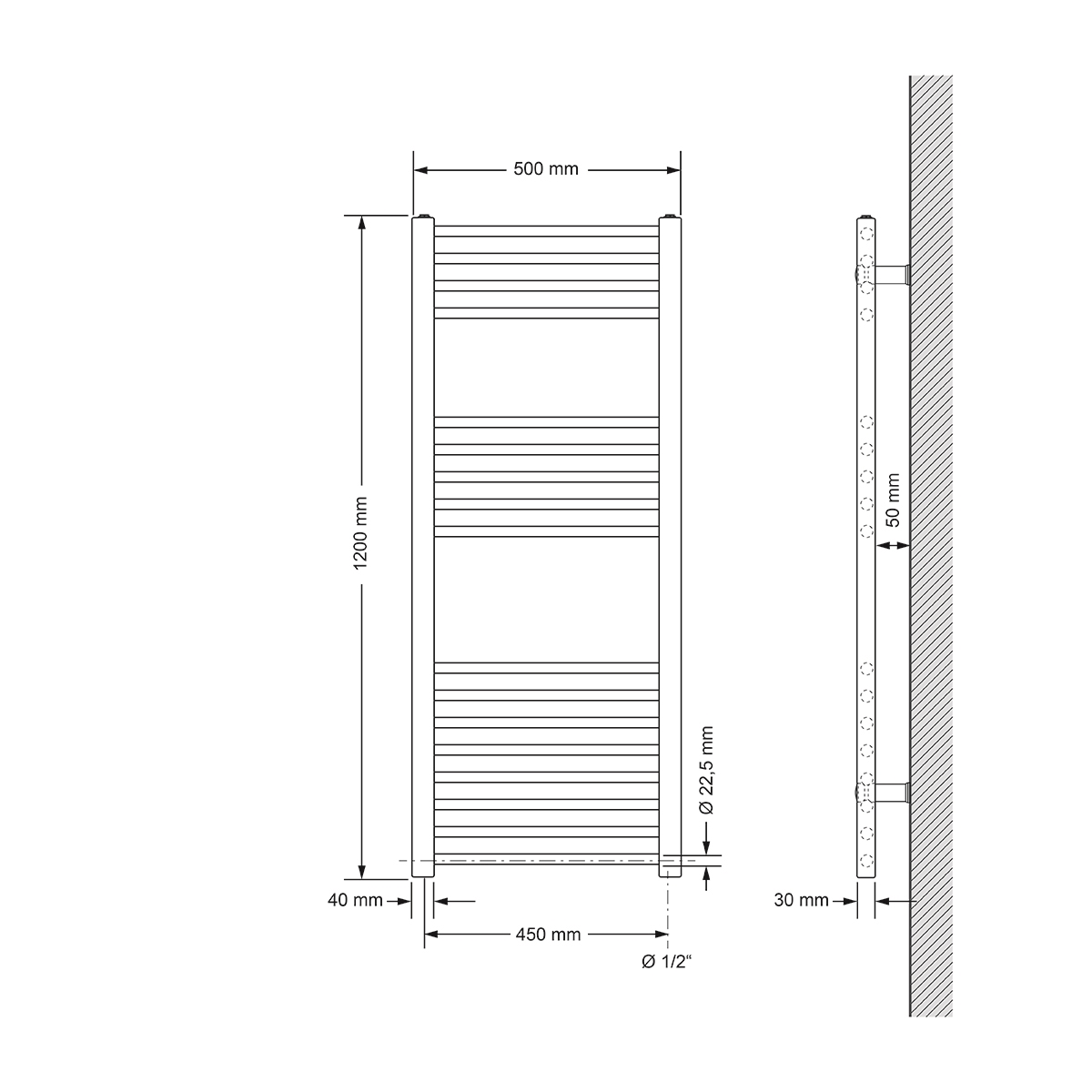 Diagramm eines beheizten Handtuchhalters mit Abmessungen und Wandmontagedetails.