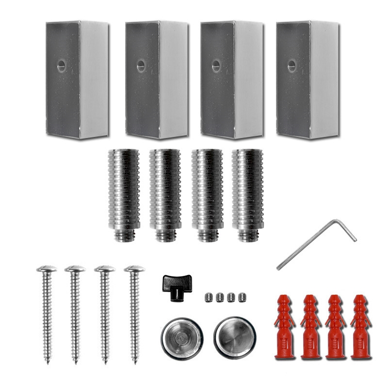 Ein Satz Hardwarekomponenten, darunter Metallschrauben, Dübel, ein Schraubenschlüssel und Montageblöcke. Der Hintergrund ist weiß.