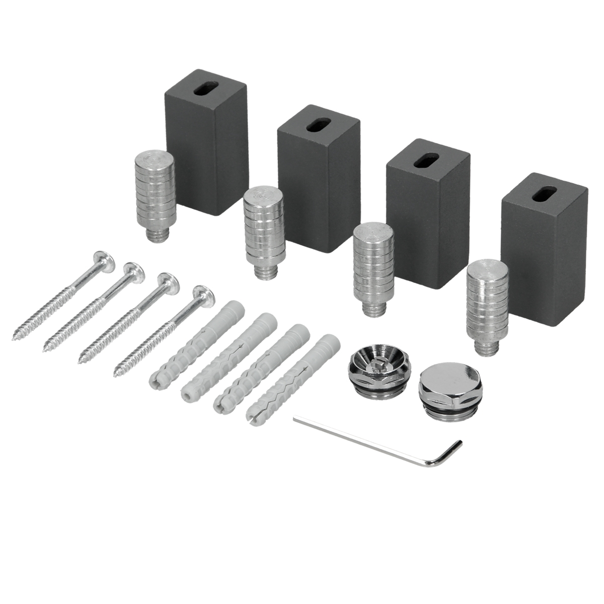 Hardware-Set mit grauen Blöcken, Schrauben und Metallschlüssel auf weißem Grund.